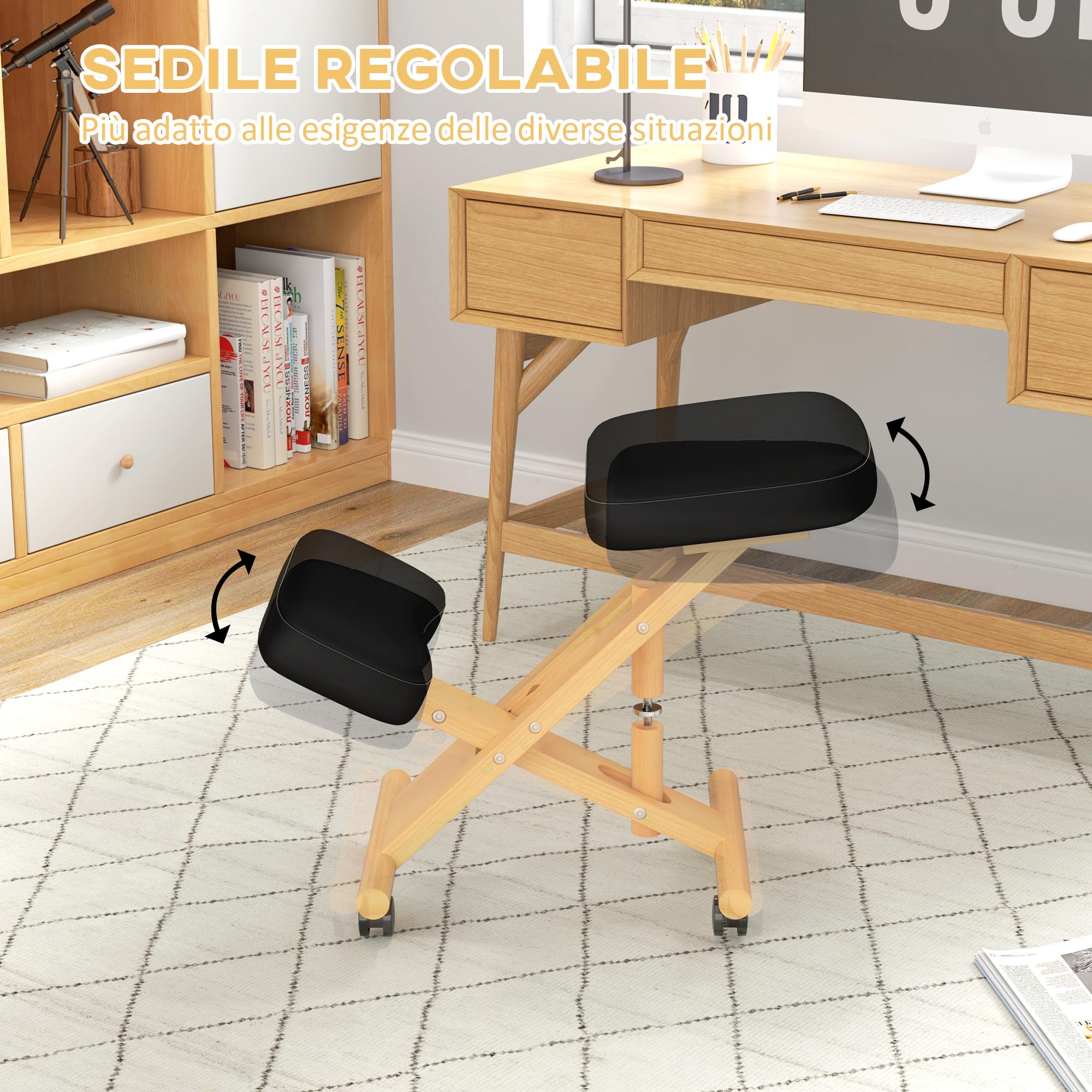 HOMCOM Sedia Ergonomica Inginocchiata con Rotelle in Legno di Caucciù Nero | Sedia Ergonomica Posturale da Ufficio e Casa, Sgabello Ergonomico Inginocchiatoio