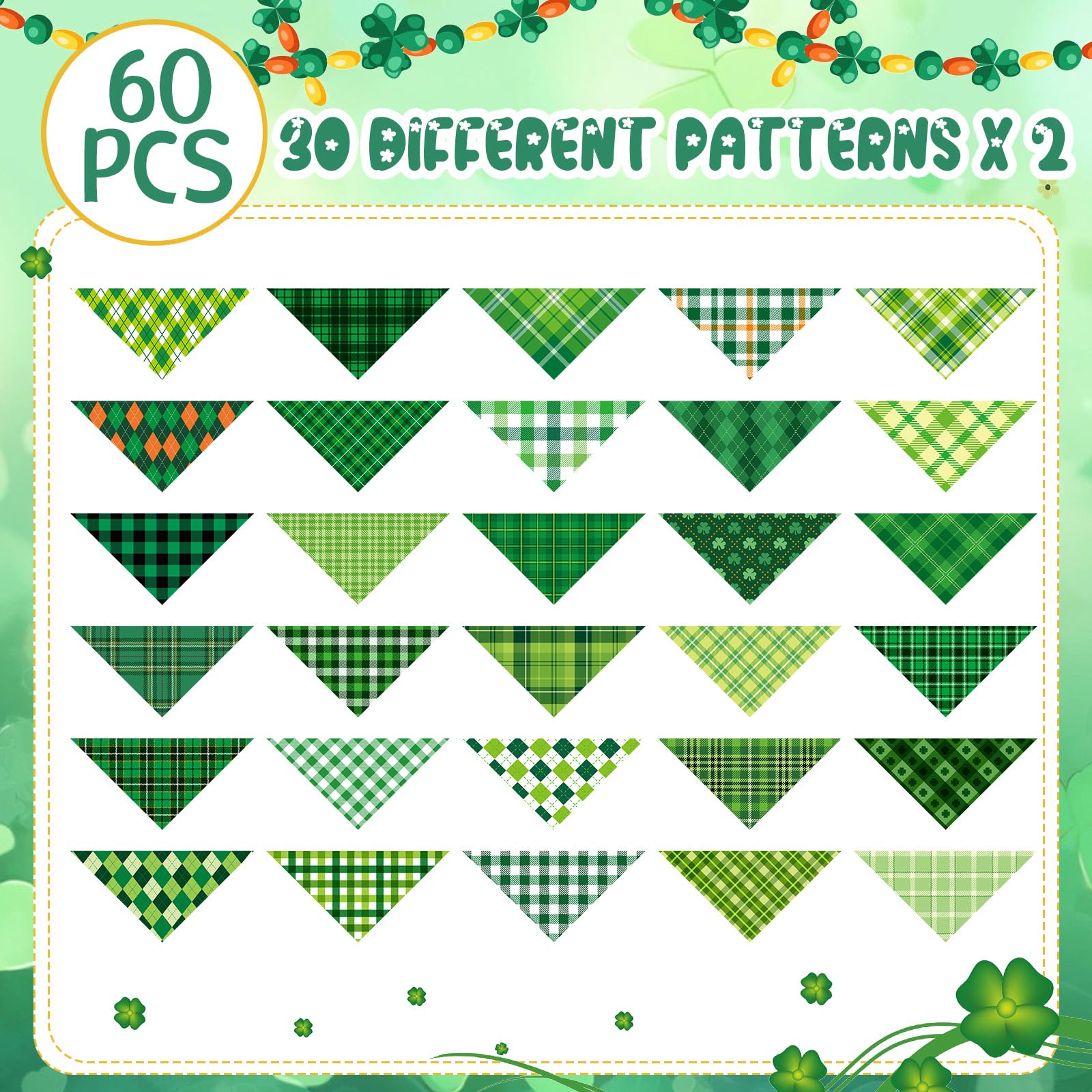 Sweetude St. Patrick's Day Halstücher für Hunde, kariert, verstellbar, waschbar, Halstuch, Urlaub, Haustierkostüm, Zubehör, Pflegezubehör für kleine bis große Katzen, 60 Stück