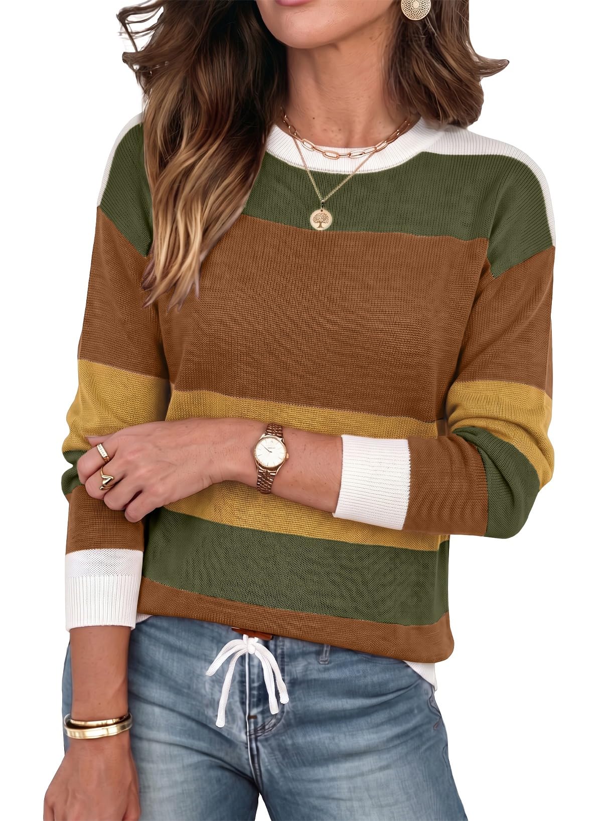 Dokotoo Womens Sweaters Striped Fall Winter Outfits 2025 Crewneck Drawstring Color Block Fashion Clothing