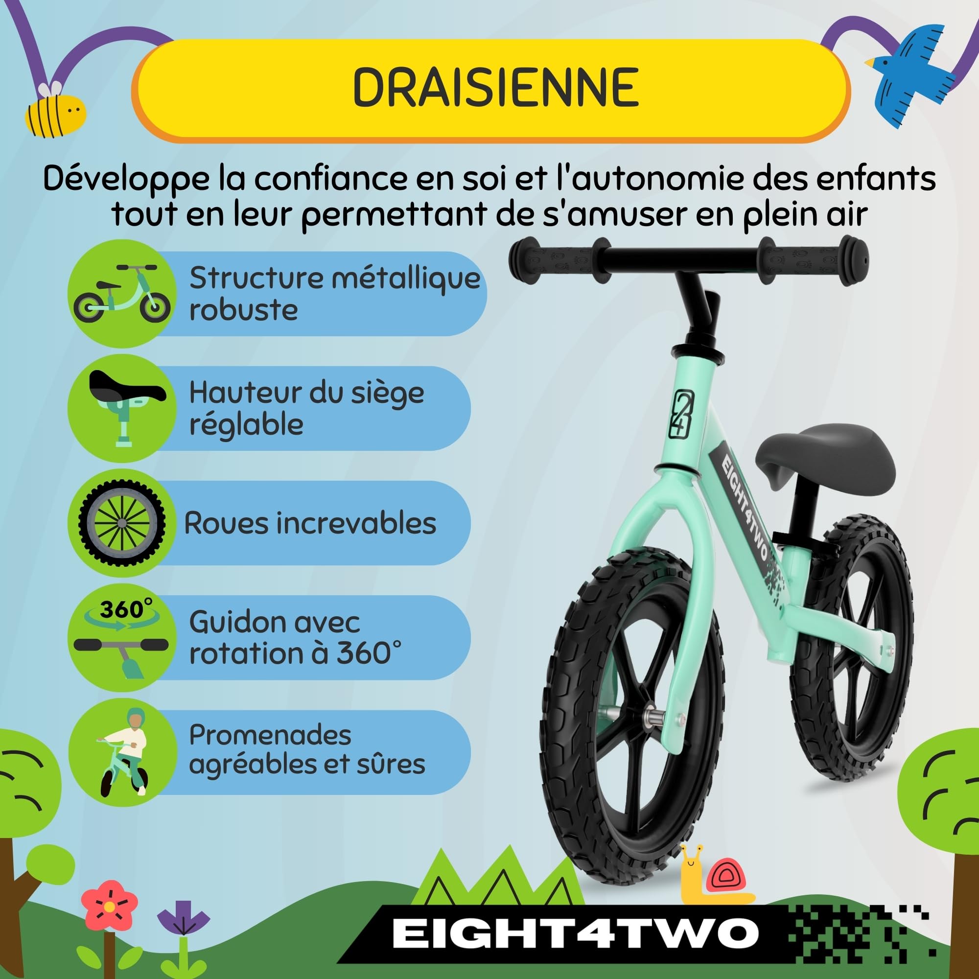EIGHT4TWO Vélo sans pédales pour enfant 2, 3, 4 et 5 ans, idéal pour équilibre, jouets pour enfants de 2, 3, 4 et 5 ans.