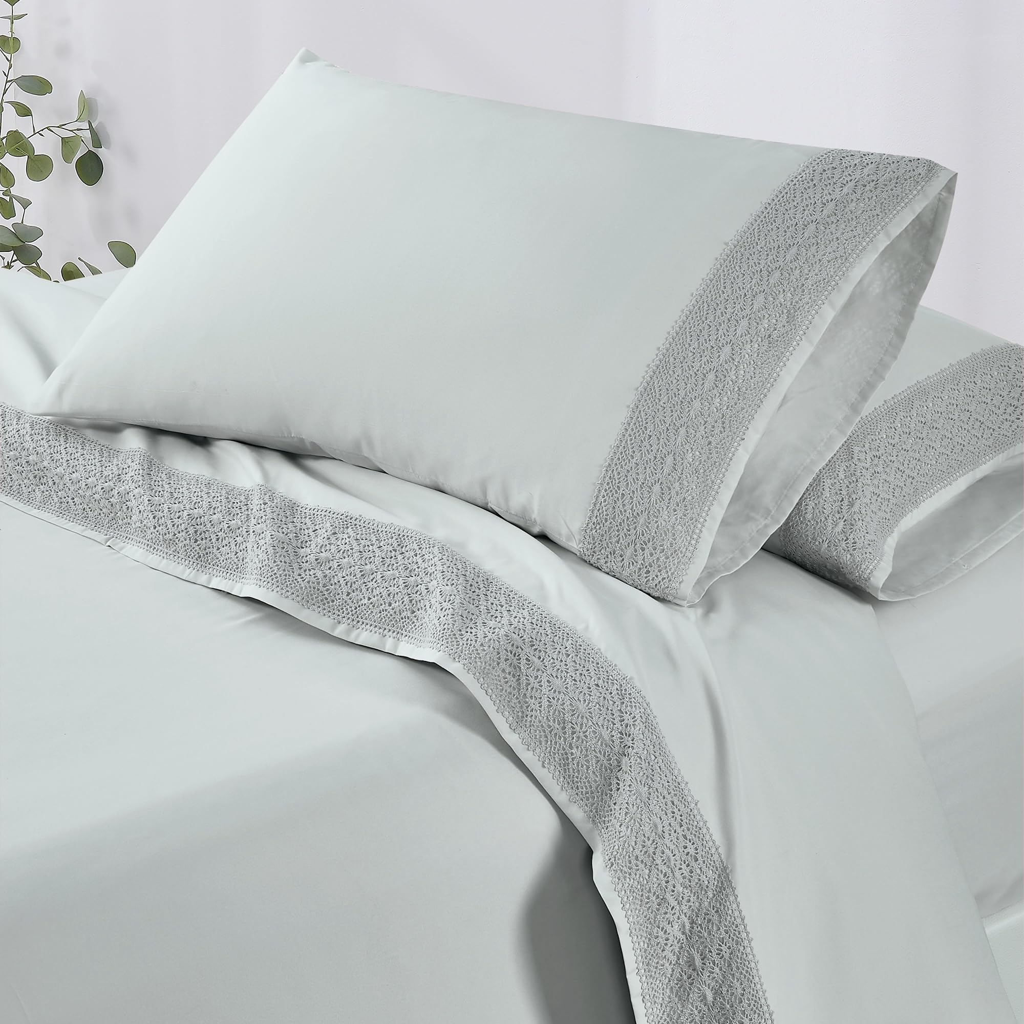 Parure De Lit 4 Pièces Microfibre Lin Et Dentelle – Vintage, Drap Plat, Taille Entier (neuf)