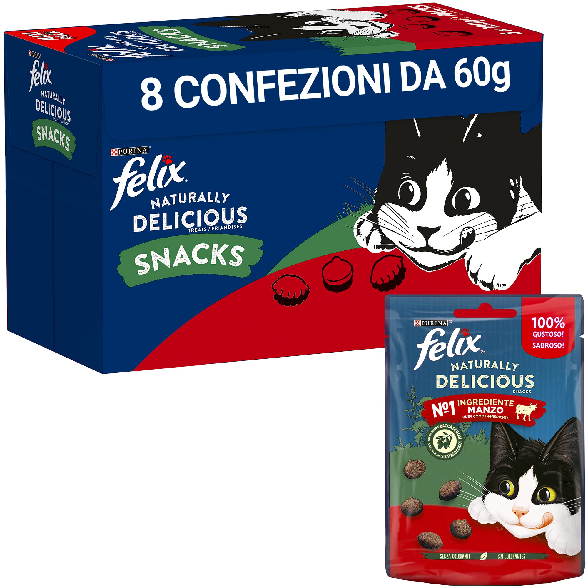 Purina Felix Naturally Delicious Snack Gato, Rico en Carne de Res con un Toque de Baya de Goji, 8 Sobres de 50 g