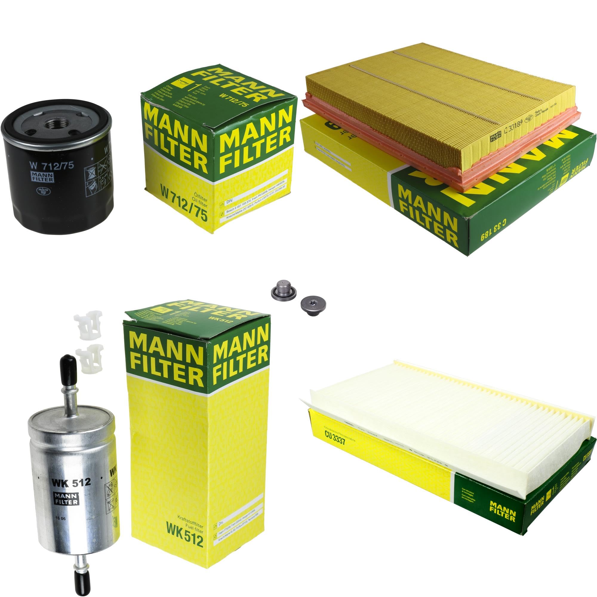 Paquete de inspección Kit de mantenimiento de filtros con filtro de aceite W 712/75, filtro de aire C 33 189, filtro de combustible WK 512, filtro de habitáculo CU 3337, tornillo de cierre