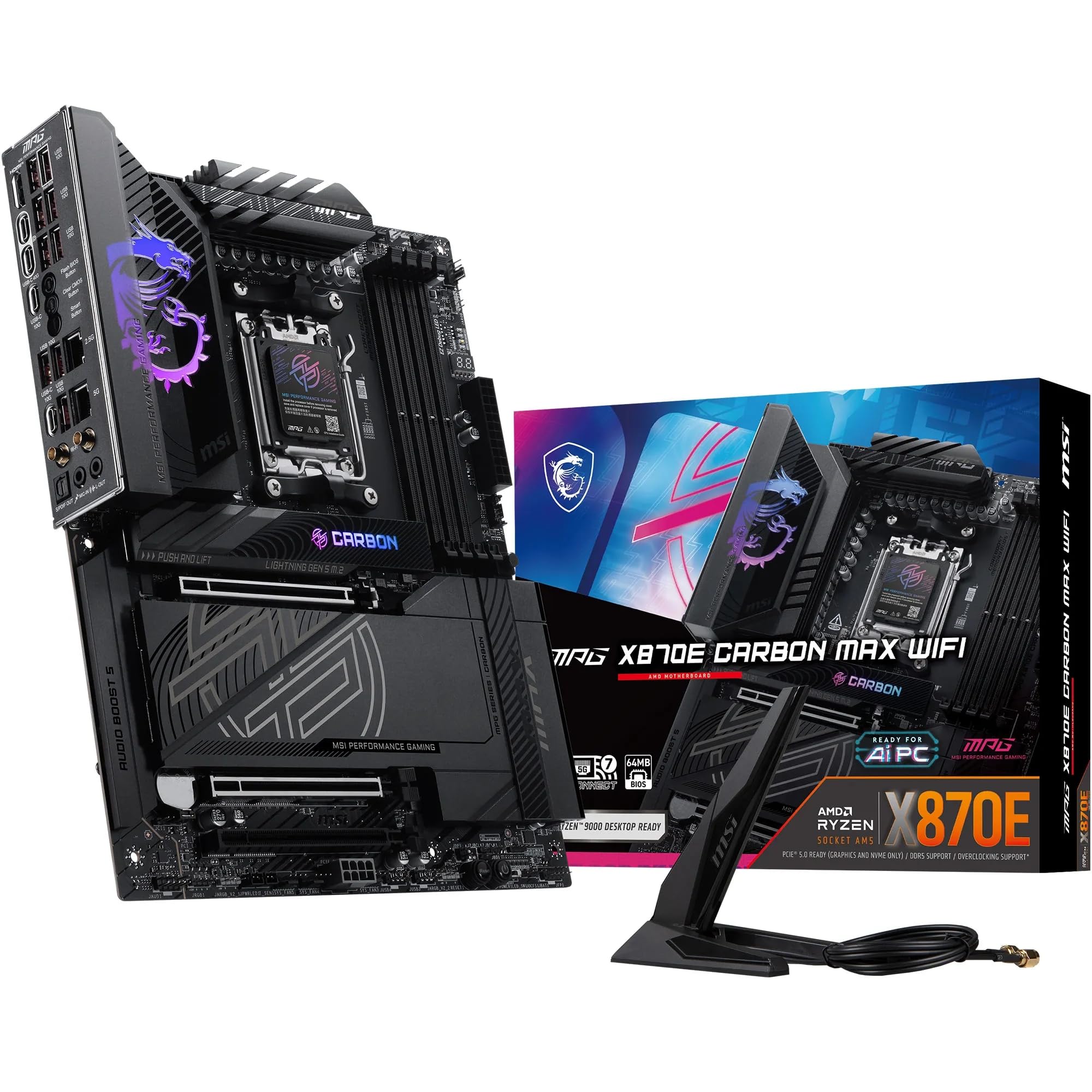 MSI MPG X870E Carbon MAX WiFi Motherboard, ATX - Supports AMD Ryzen 9000/8000 / 7000 Processors, AM5-64MB BIOS ROM, 110A SPS VRM, DDR5 Memory Boost 9000+MT/s (OC), PCIe 5.0 x16, M.2 Gen5