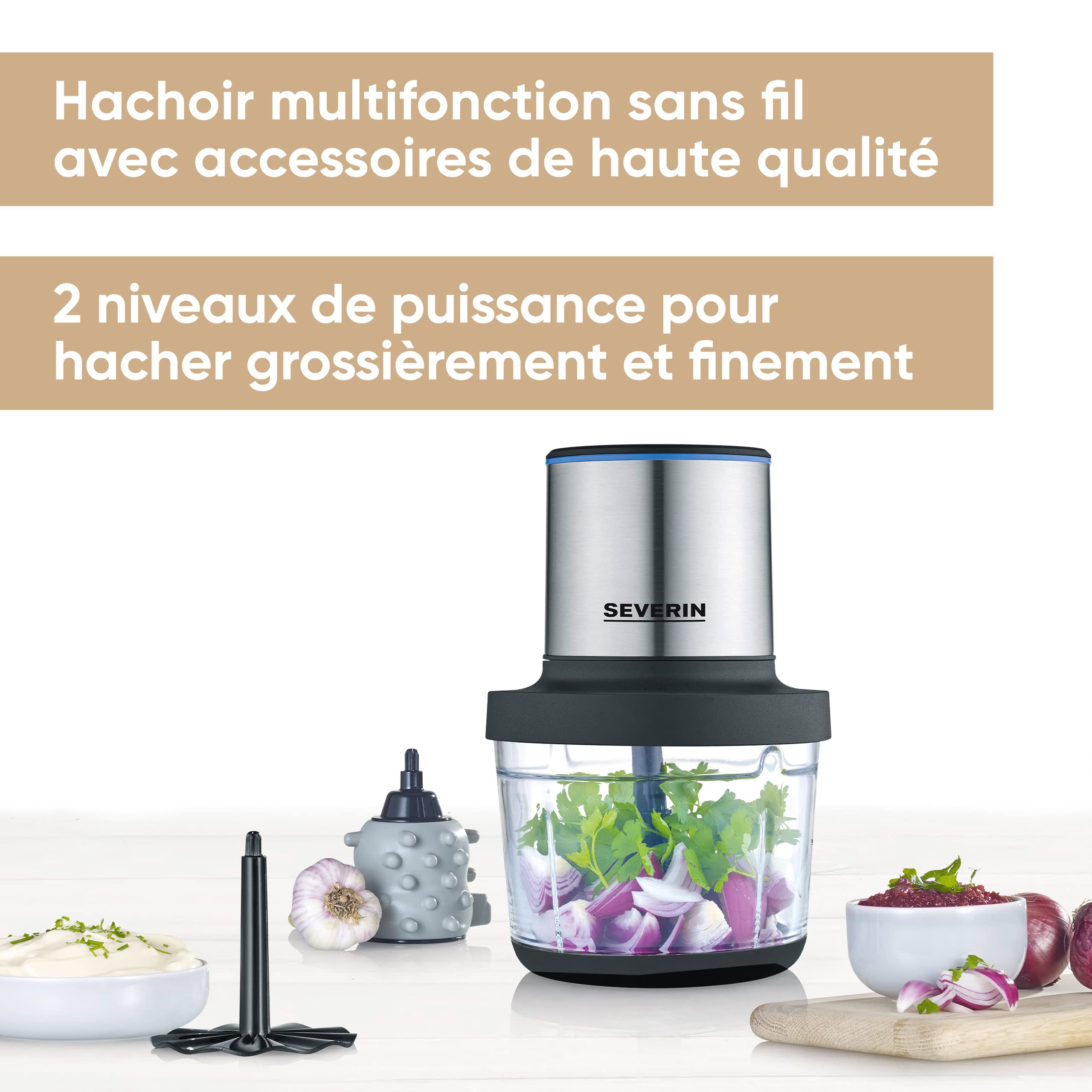 SEVERIN Hachoir électrique 200 W multifonction sans fil d'une capacité d'1 L et d'une autonomie de 2h, Hachoir à viande, oignons, herbes, fromage, etc., Broyeur universel, noir mat/inox, KM 3866