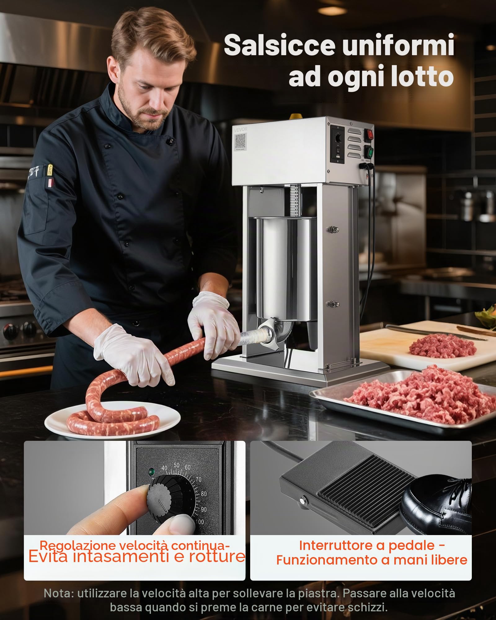 VEVOR Insaccatrice Elettrica per Salsicce, Insaccatrice Verticale per Carne da 10 L, Controllo della Velocità Continuo e Pedale, in Acciaio Inox con 4 Tubi di Insacco, per Uso Commerciale e Domestico