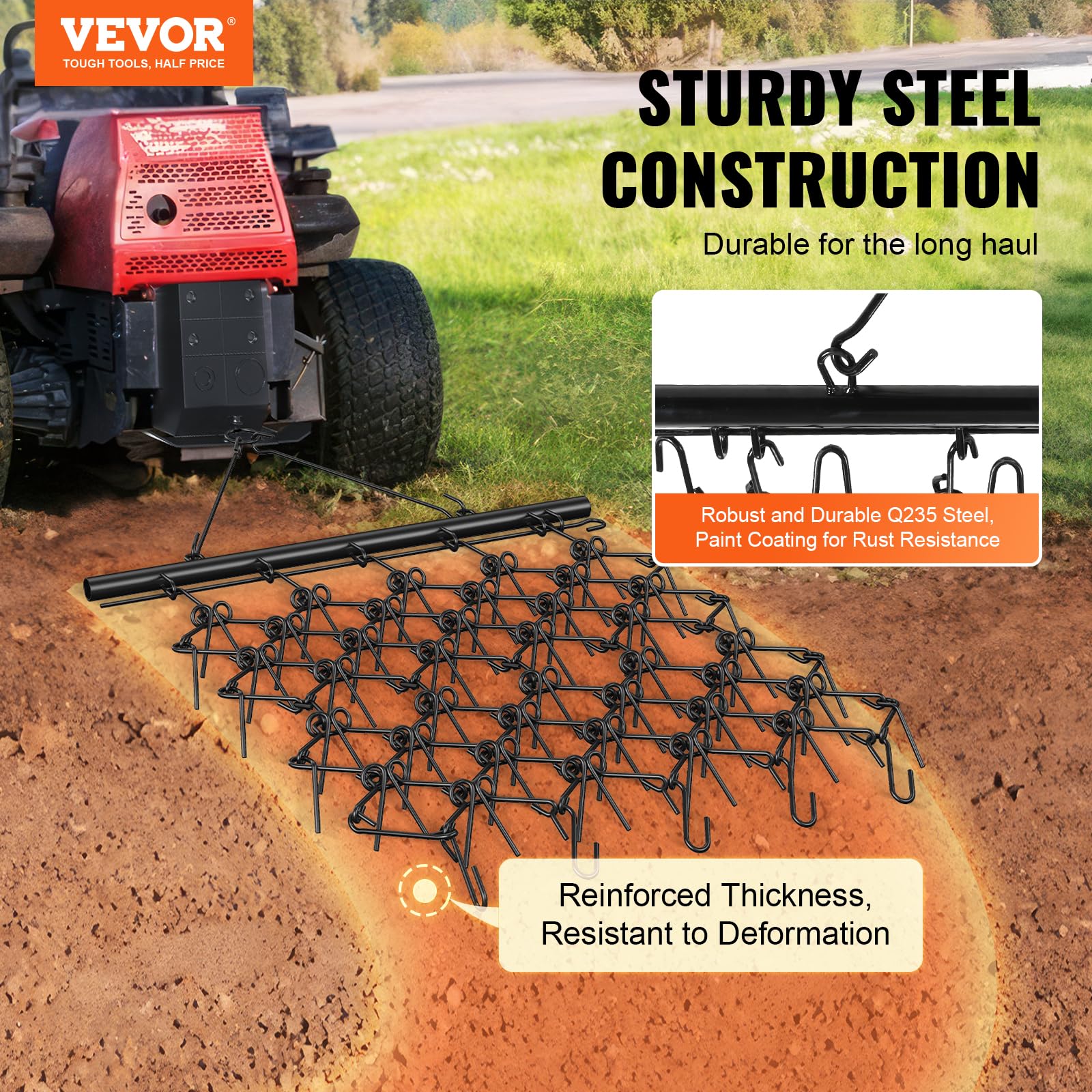 VEVOR Grada de Cadena Nivelador de Entrada 2270x1210 mm con Correa de Arrastre de 79 Dientes Nivelación de Paisaje Preparación de Césped Remolcable para Tractor, ATV, UTV, Entrada de Grava, Campo