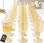 Coloch 50 Pack Elegant Plastic Wine Glasses with Stem, 5 Oz/140 ml Gold Glitter Disposable Wine Cups, Sturdy Plastic Goblet Party, Wedding, Birthdays, Champagne, Picnic, New Year's Eve Celebrations