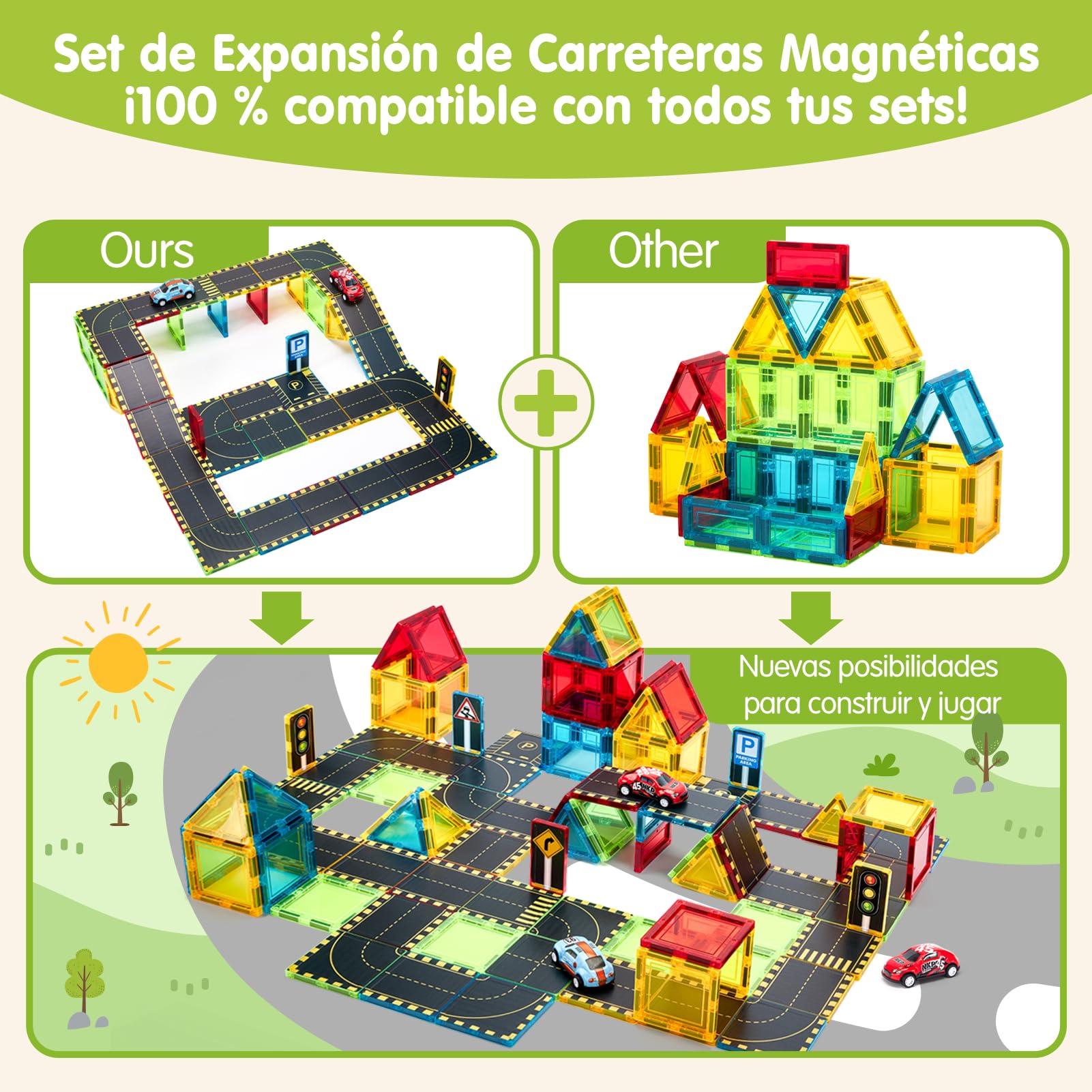 hahaland Bloques Magnéticos Construcción Niños, 38 Piezas Magnetic Tiles con Carreteras de Ciudad y 2 Coches Pull Back, Piezas Magnéticas Compatibles para Niños 3 4 5 6 Años