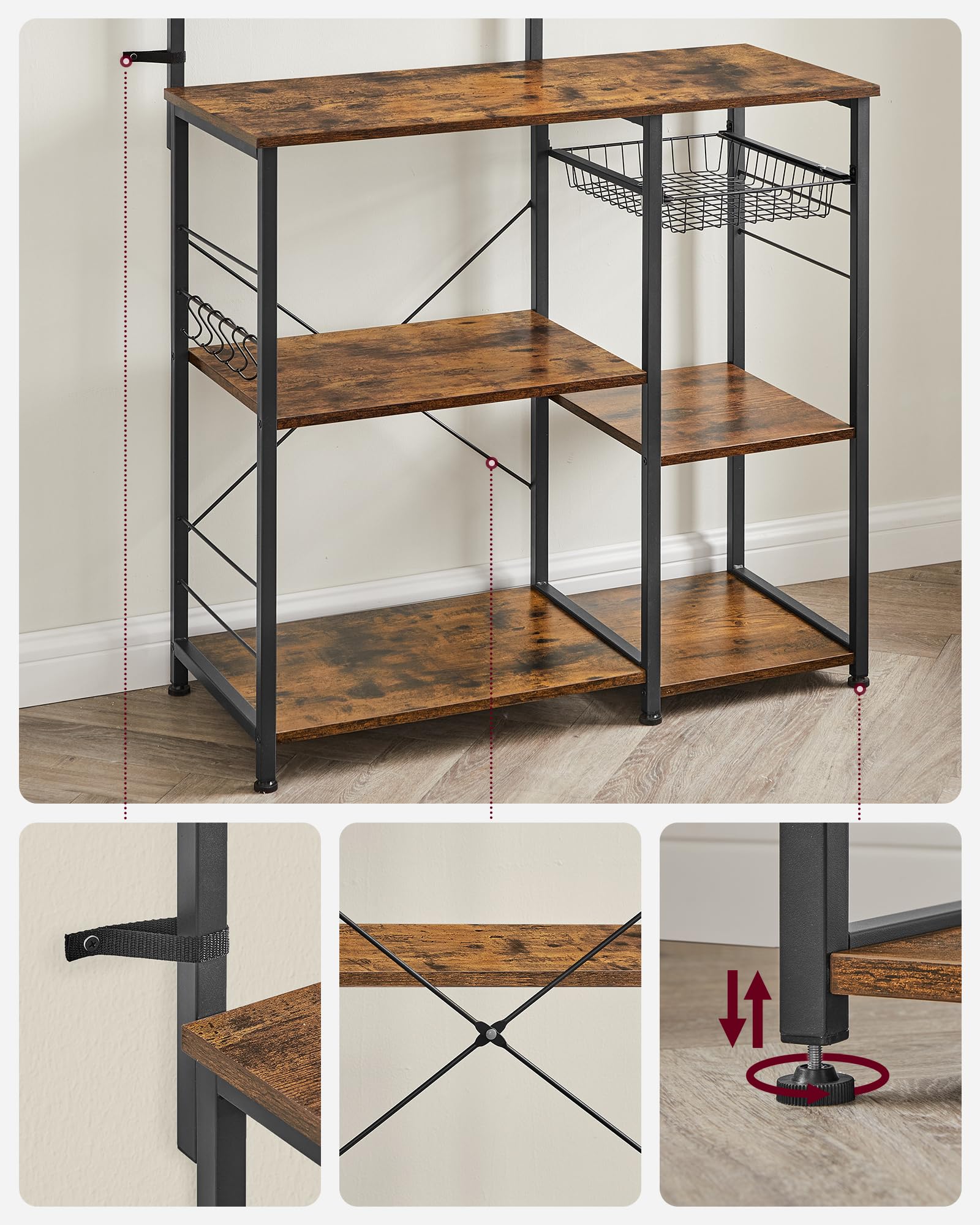 VASAGLE Scaffale da Cucina, Supporto per Forno a Microonde, Mobile Cucina, Cestino a Filo Metallico, 6 Ganci, per Spezie Pentole Padelle, 40 x 90 x 134 cm, Marrone Vintage e Nero KKS35X