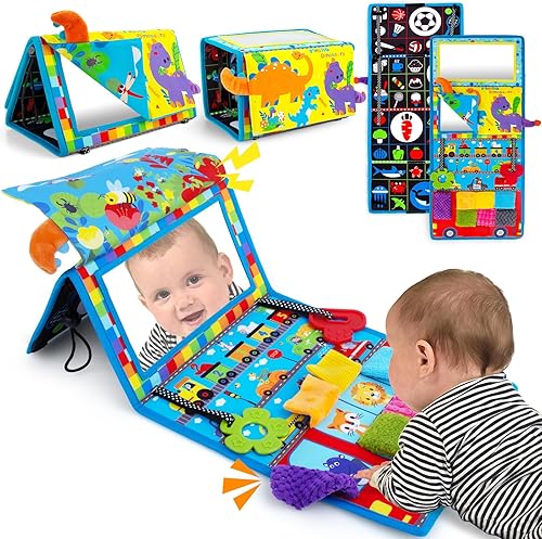 Juguetes de espejo para el tiempo boca abajo con libro suave arrugado, espejo para bebé, color blanco y negro, juguetes para bebés de alto