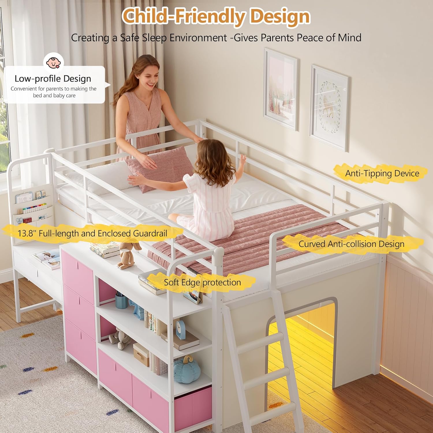 DICTAC Low Loft Bed with Desk and 6 Storage Drawers Twin Loft Bed with Bookshelf,LED Lights & Under-Bed Play Space,Kids Twin Beds with 13.8''H Safety Guardrail,Inclined Ladder&Play Curtain,Pink+White Pink+white Twin