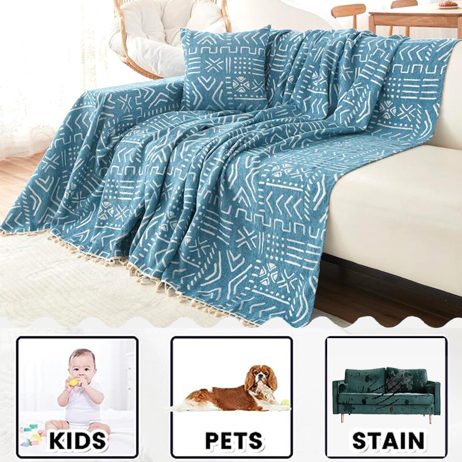 A/B RéVersible Housse De Canapé d'angle 1 2 3 4 Places Couvre Jeté De Canapé en Chenille Forme De L/U Rebel Cat Serviette De Canapé Multifonction Couverture pour Camping Plage(180X200cm,Blue)
