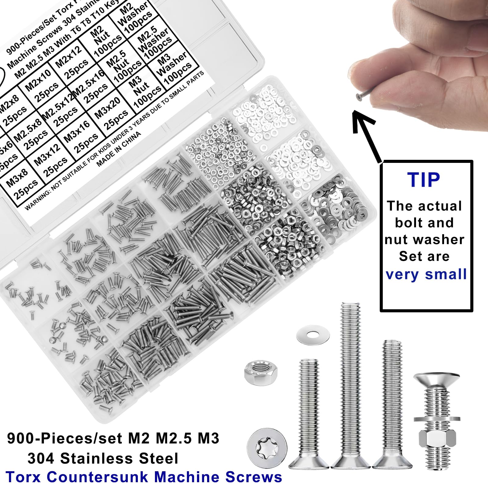 FandWay 900Pcs Bolts and Nuts Set,M2 M2.5 M3 Torx Countersunk Machine Screws,Flat Head Torx Screws,304 Stainless Steel Bolts and Washers Set Fully Threaded With T6 T8 T10 Wrench - Image 2
