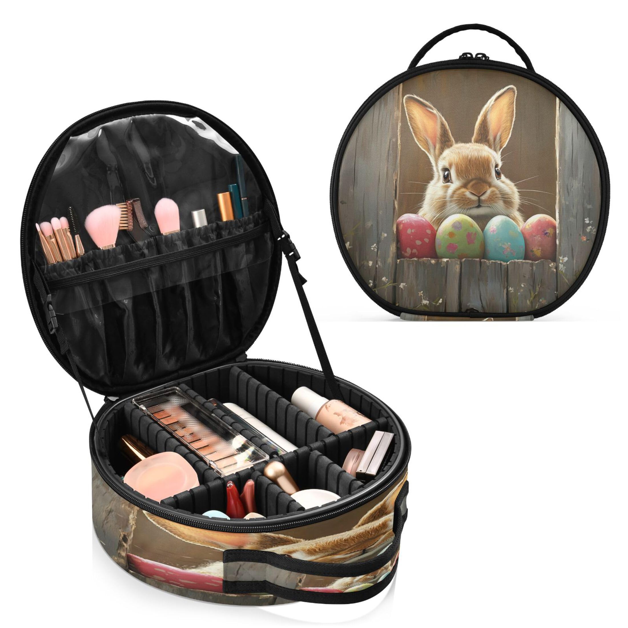 Takiito Easter Bunny Wooden Fence Travel Makeup Case Portable Makeup Box Artist Cosmetic Case Organizer With Adjustable Dividers