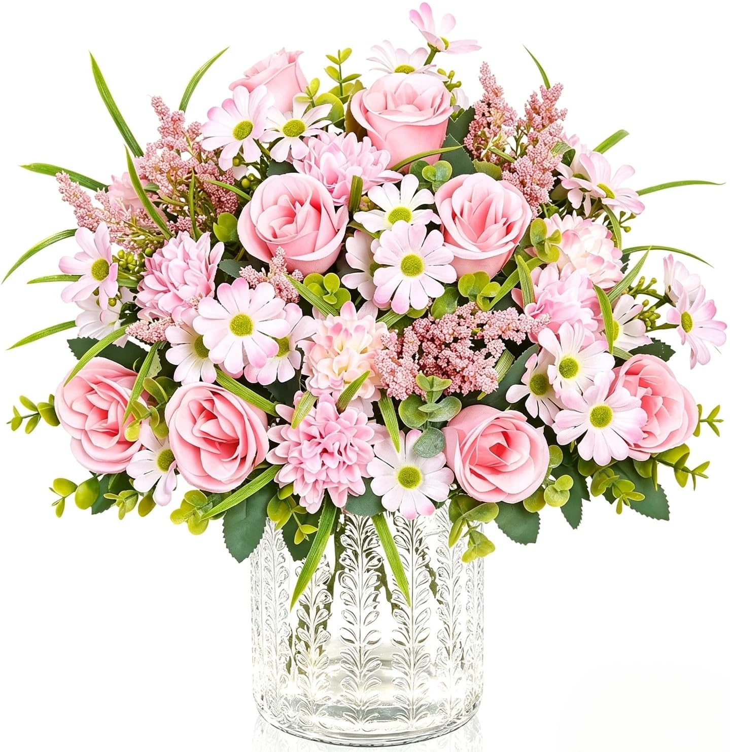 UXORSN 4 Bunches Artificial Flowers Roses Bouquet Fake Silk Daisy Dahlia