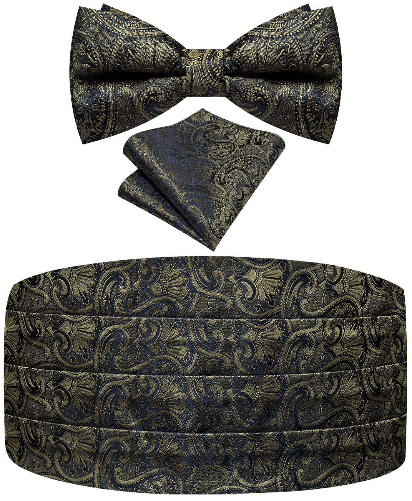 Paisley Floral Tuxedo Cummerbund Bow Tie Pocket Square Set for Men