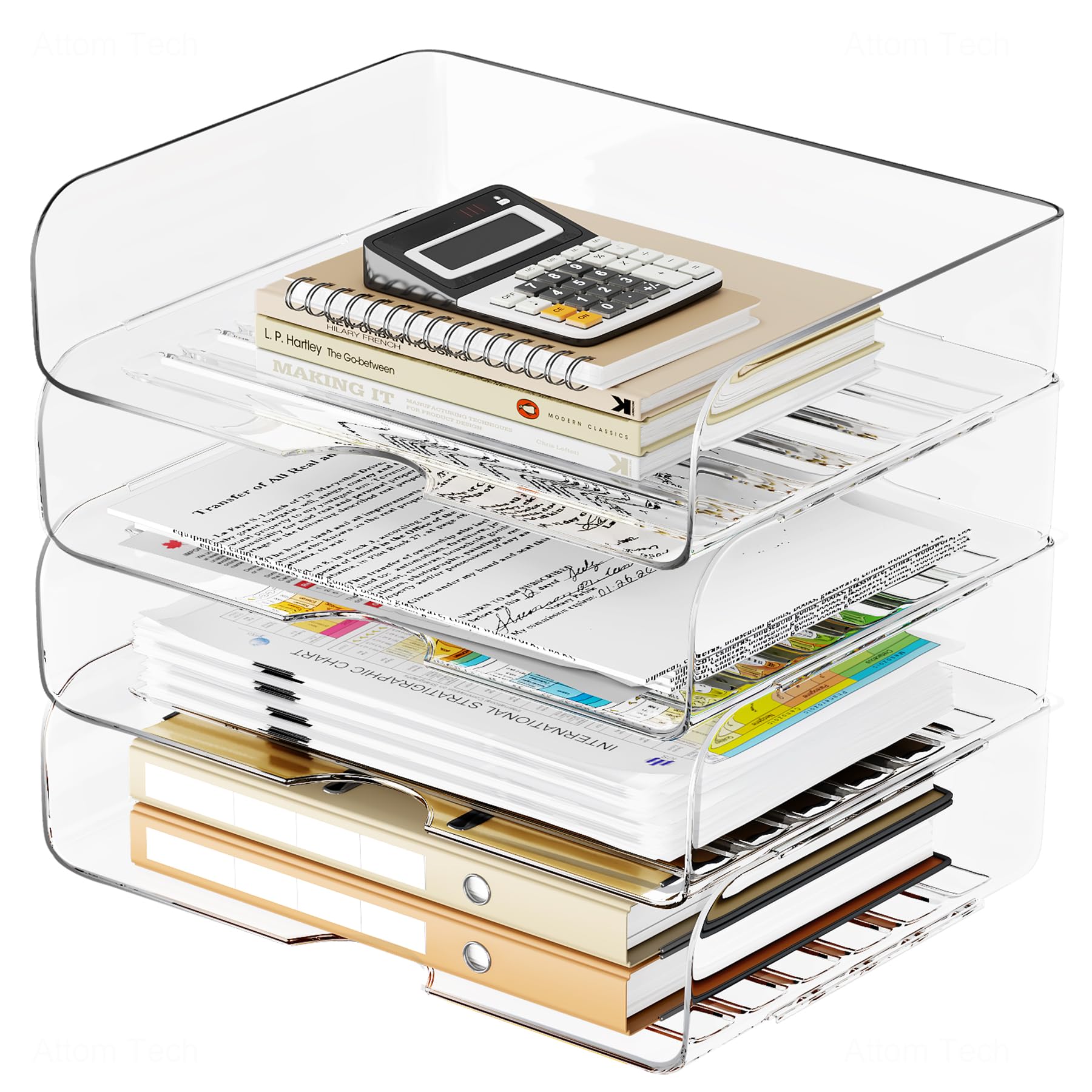 Tomorotec Desk Letter Tray Set 4-Pack, A4 Size Clear PET Stackable Document Organizer Office Desktop File Paper Holder Book Storage Rack Side Load Anti-Skid Stacking Support Convex Bottom Grooved Snap