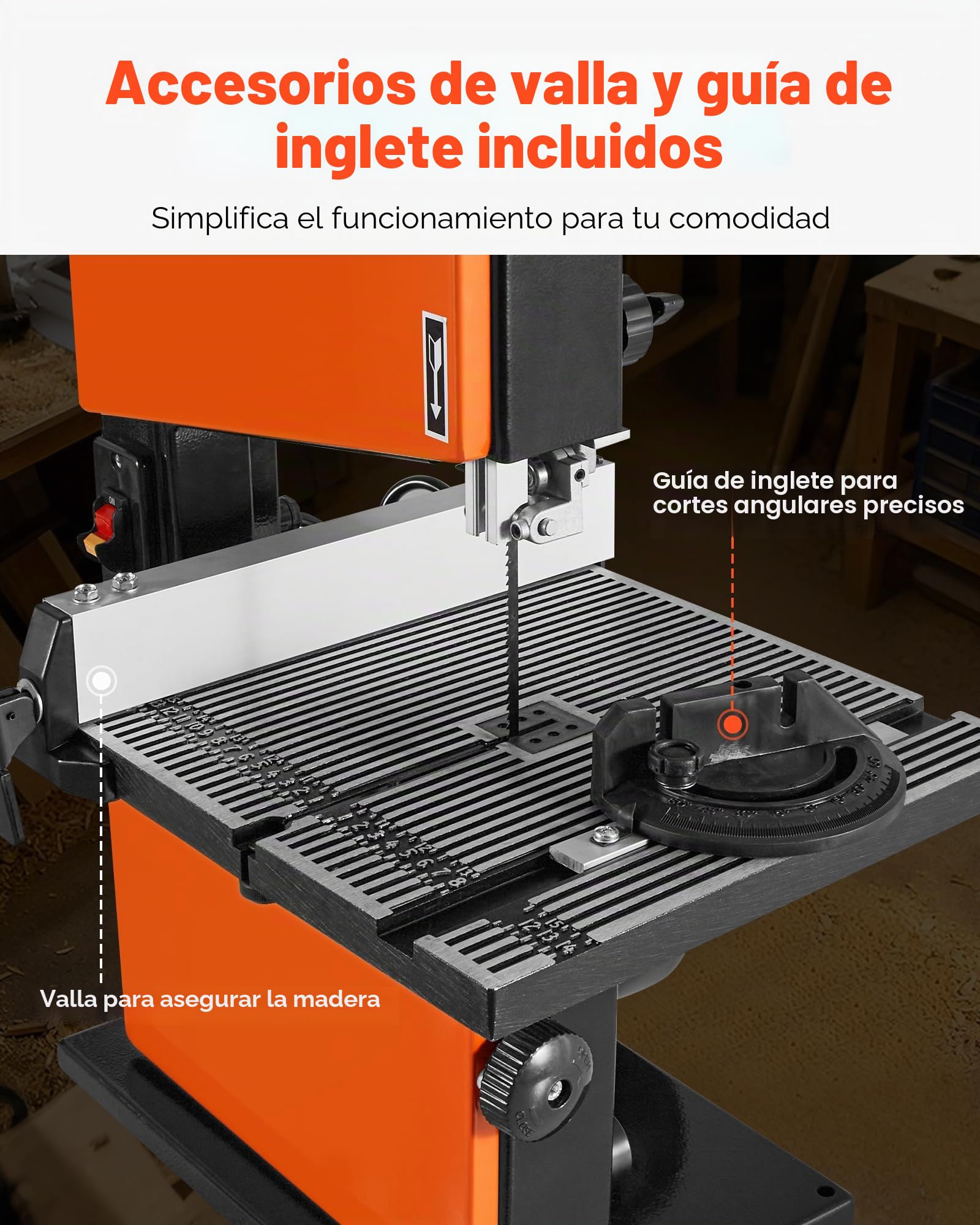 VEVOR Sierra de Cinta para Madera con Motor de 373 W, Altura de Corte de 90 mm, Ancho de Corte de 229 mm, Mesa de Aluminio Fundido de 300 x 300 mm, con Luz de Trabajo de 360°, para Carpintería