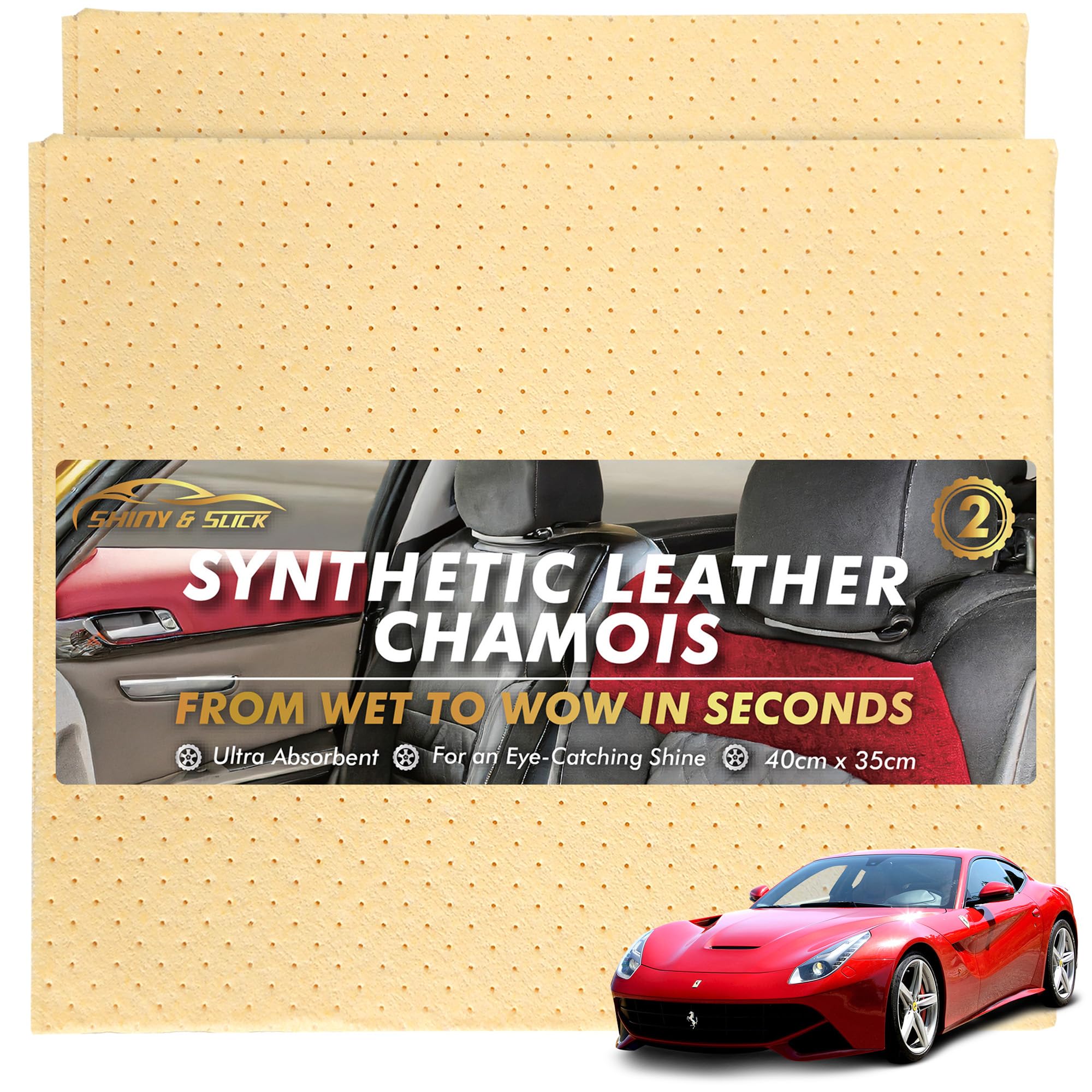Sol Reddish Brown 2Pk Synthetic Leather Chamois, 40Cm X 35Cm Ultra-Absorbent Shammy Cloths For Cars, Windows. Quick-Drying, Durable, Soft Material For Streak-Free, Eye-Catching Shine, Perfect Cleaning Products
