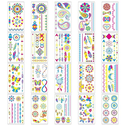 Miniatura 2 de Heliltd 20 hojas de tatuajes temporales de neón que brillan en la oscuridad, tatuajes temporales fluorescentes UV, neón, falsos, impermeables,