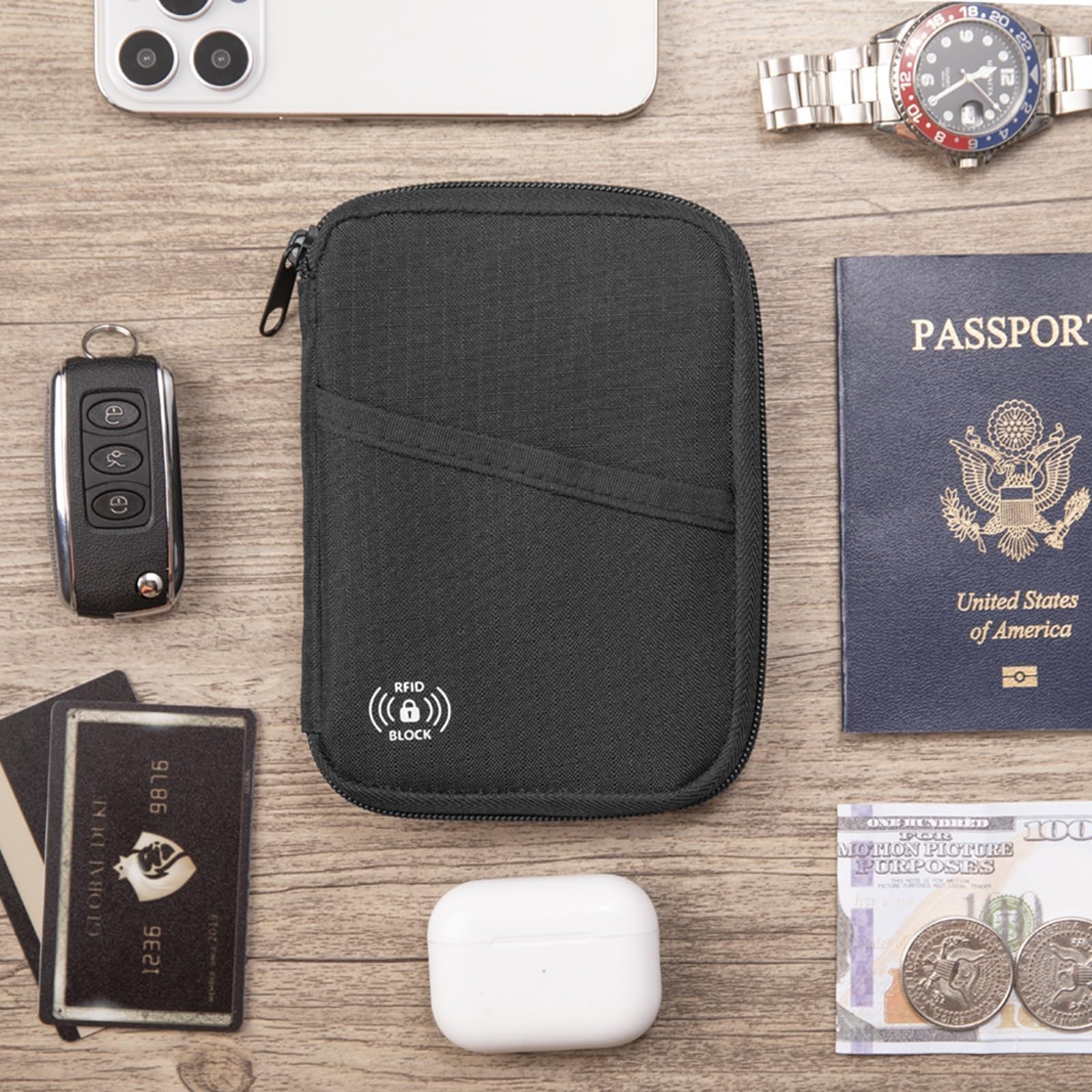 FIREDOG Porta passaporto da viaggio, blocco RFID, porta passaporto e portafoglio da viaggio per uomini e donne, nero