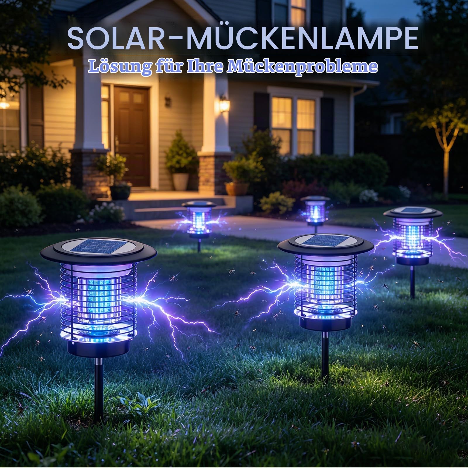 Solar Mückenlampe 2-in-1 – 3500V Hochspannung, 4400mAh Akku, 150㎡ Abdeckung – IPX5 Wassergeschützt & UV-Licht – Effektiver Insektenvernichter mit Gartenbeleuchtung – Für Terrasse, Garten, Camping