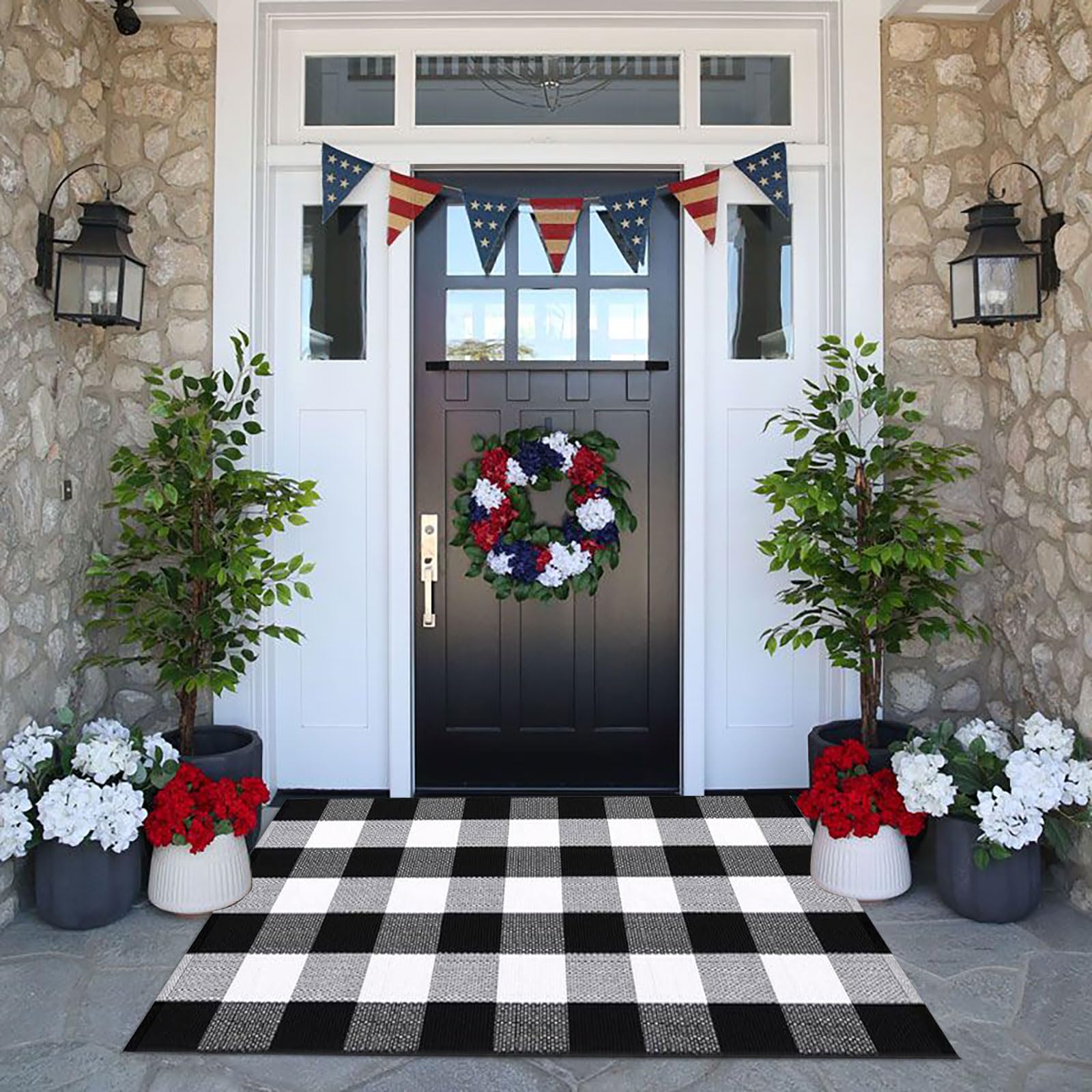 CAINANEL Buffalo Plaid Outdoor Teppich 4. Juli Fußmatte 79,5 x 109,9 cm Sommer Veranda Teppich Unabhängigkeitstag Willkommen Fußmatten für Bauernhaus, Eingang, Veranda, Außendekoration