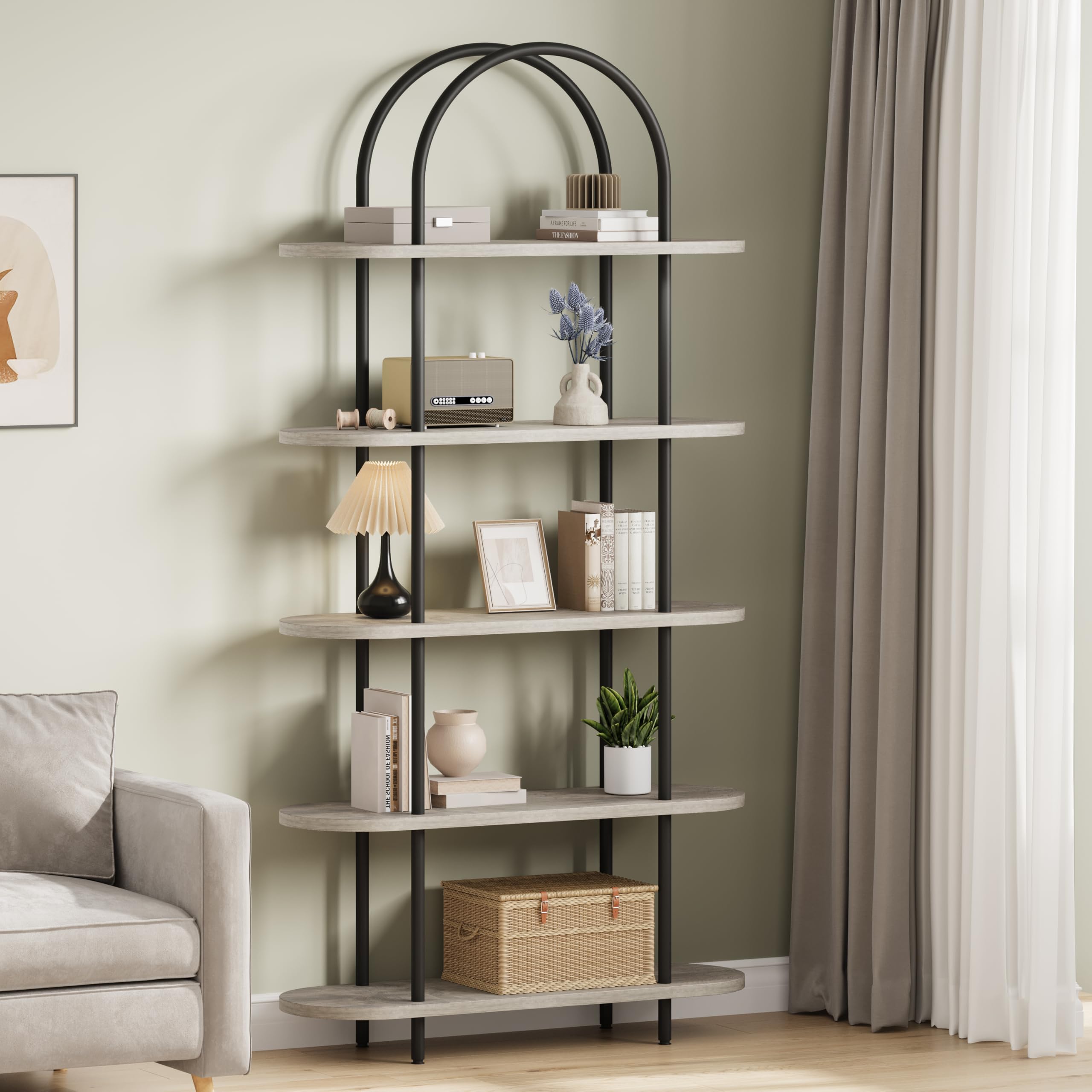 SunnyFurn 71" Arched Bookshelf 5 Tier Bookcase Open Bookshelf Plant Stand with Metal Frame Freestanding Display Rack Tall Shelving for Bedroom Living