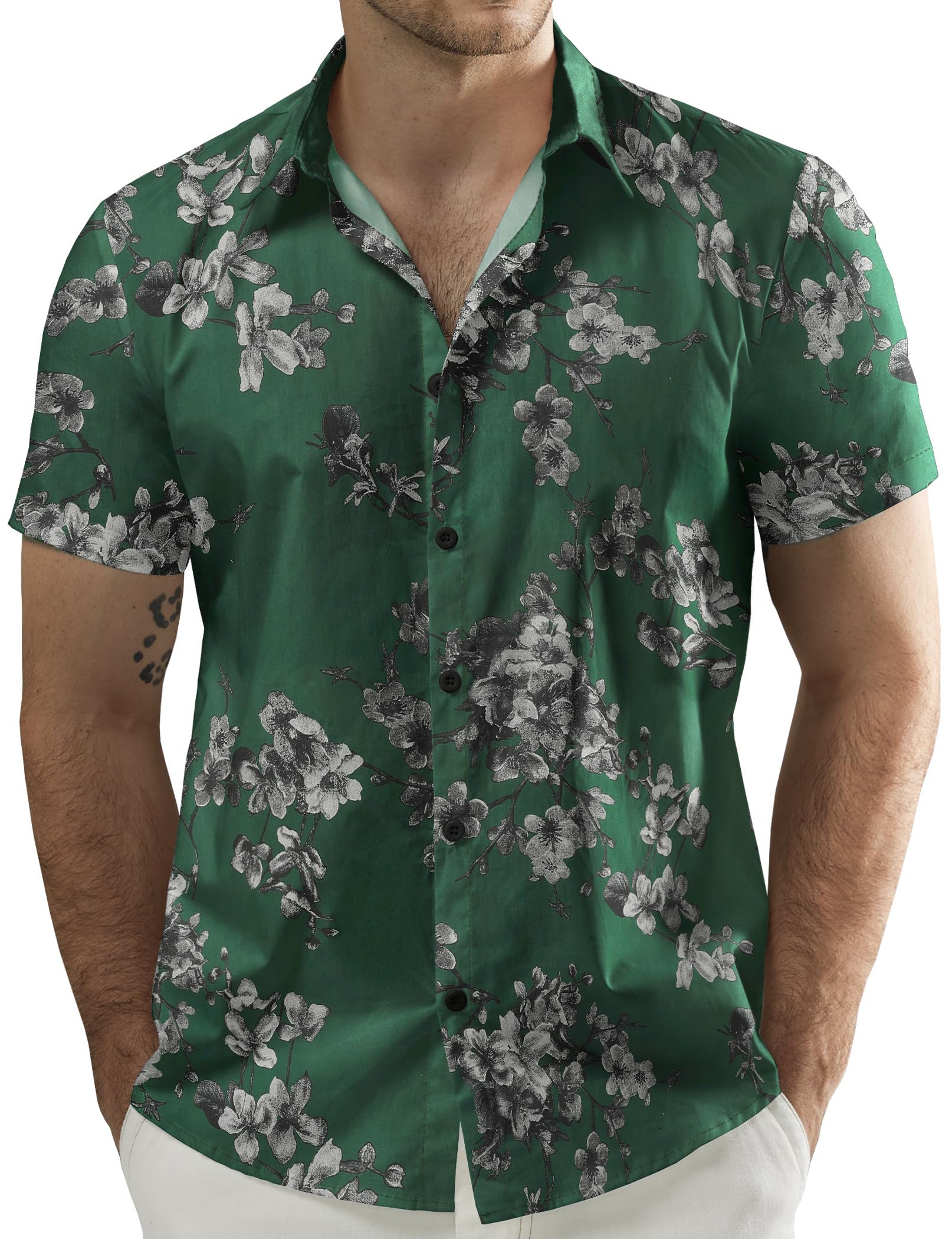 JOGAL Men's Flower Cotton Button Down Short Sleeve Hawaiian Shirt