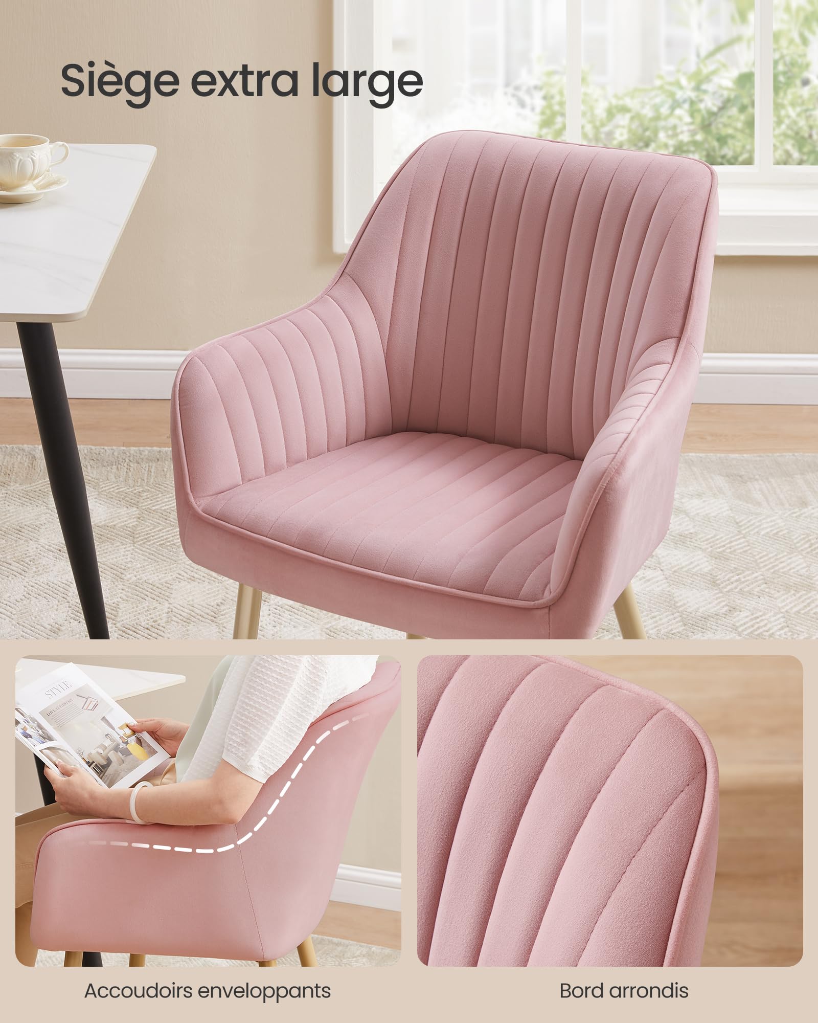 Chaise De Salle à Manger En Velours Rose - Accoudoirs, Rembourrée, 120kg - Design Moderne