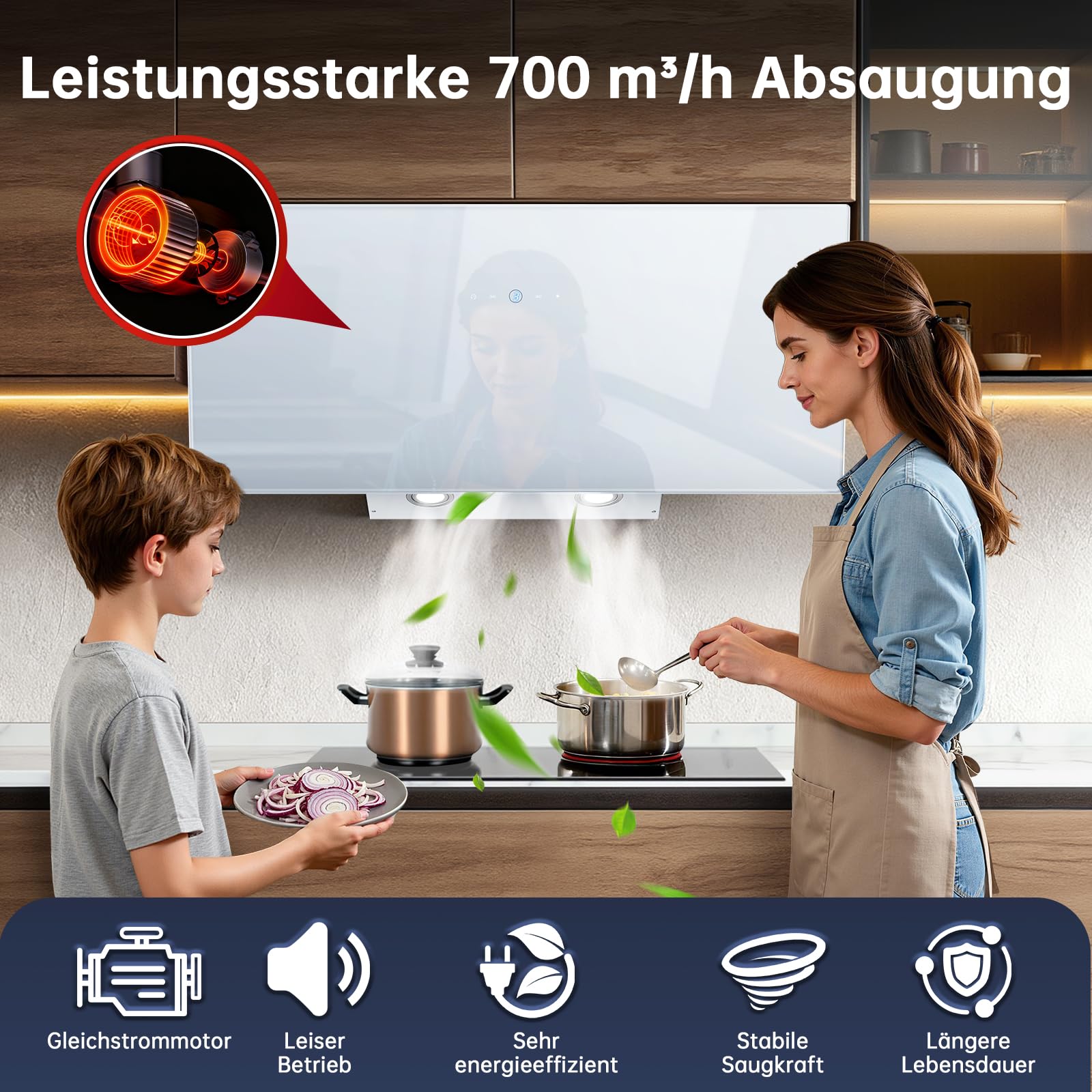SNDOAS Okap kuchenny 90 cm, siła ssąca 700 m³/h, klasa efektywności energetycznej A++, 3 stopnie + ekran dotykowy Booster, filtr z węglem aktywnym do pracy powietrza wylotowego/obiegowego, oświetlenie