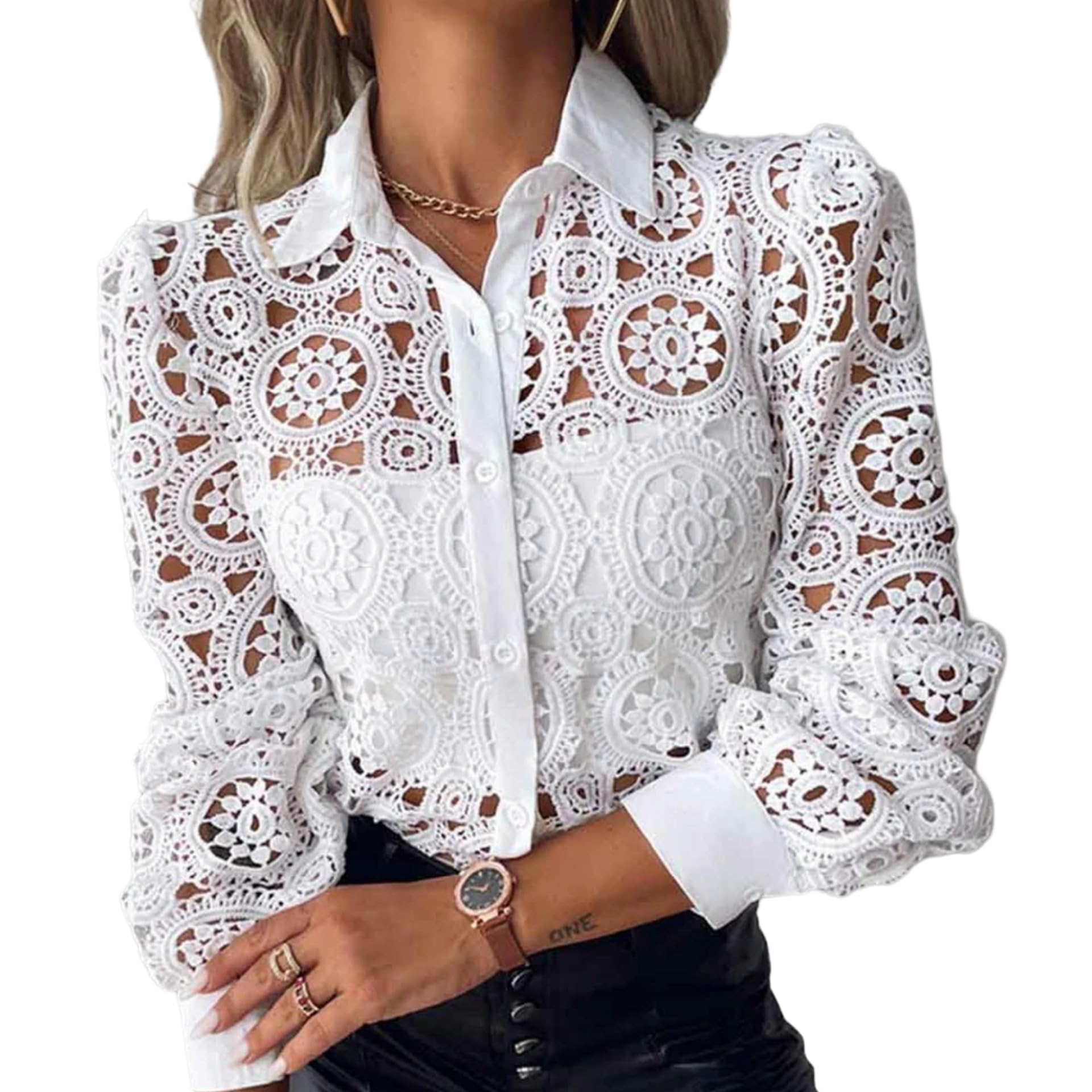 Juketron Camisa de retales de Encaje Blanco, Blusa para Mujer, Camisas de Manga Larga sin Forro para Primavera y Verano, Tops Vintage calados a la Moda 2024