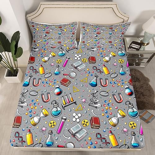 Juego de ropa de cama de laboratorio de química para niños, adolescentes, niños, jóvenes, tubo de ensayo, microscopio escolar, graffiti, sábana