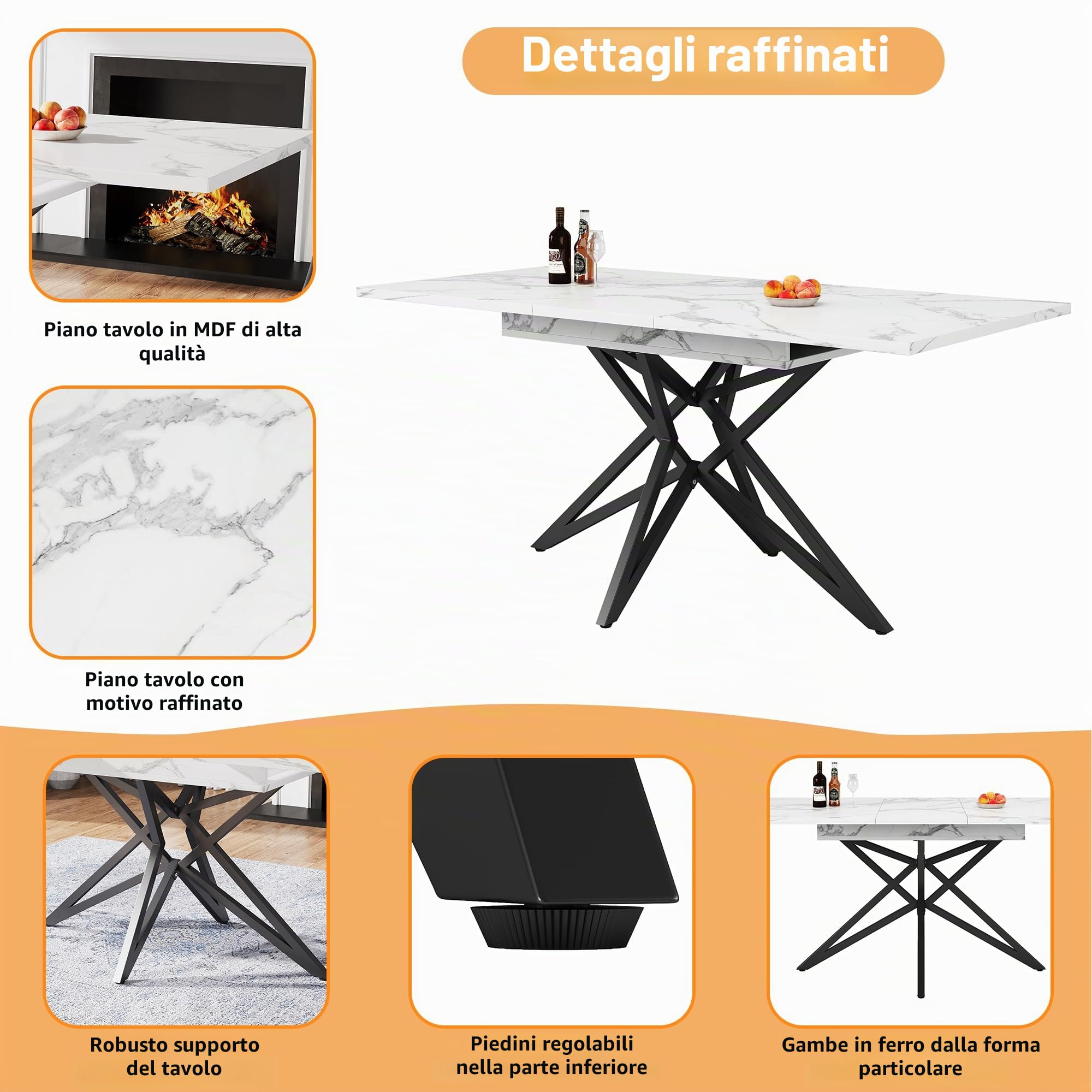 Bladez Set da pranzo allungabile con 4 sedie in velluto, tavolo da pranzo, tavolo rettangolare, 120-160 cm, tavolo in legno, moderno, per 4-6 persone, per sala da pranzo (marmo bianco)