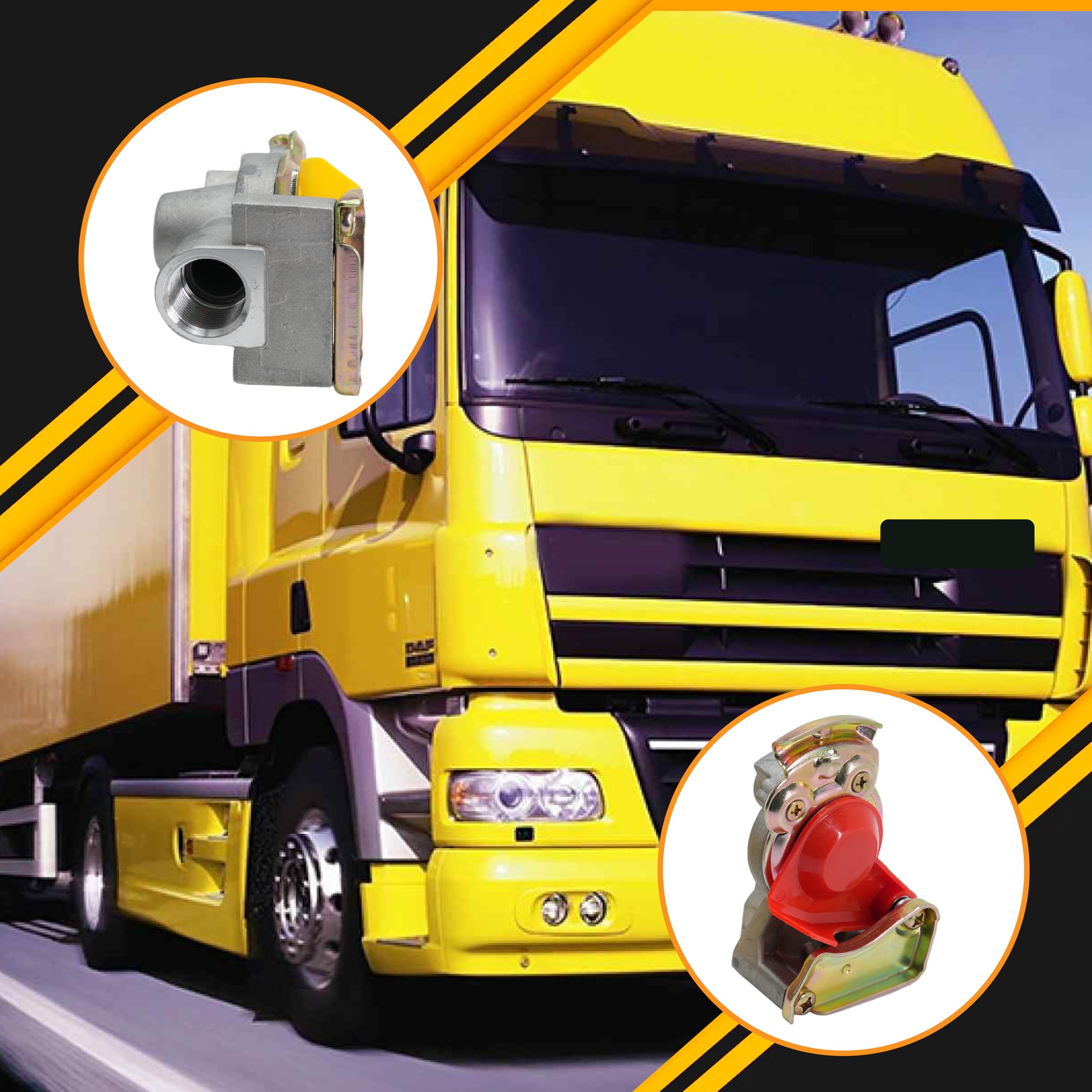Tête à air comprimé M16 x 1,5 rouge/jaune avec kit de valve et bouchon anti-poussière - Compatible avec les camions