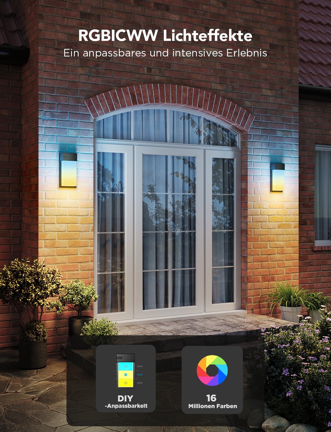 Govee Outdoor Wandleuchte, 1500lm Smart Außenwandleuchte, IP65, 2 Stück | 2700K–6500K RGBIC Wandlampe mit 45 Szenen, DIY-Farben, Funktioniert Matter/Alexa/Google/HomeKit, Veranda, Balkon, Terrasse