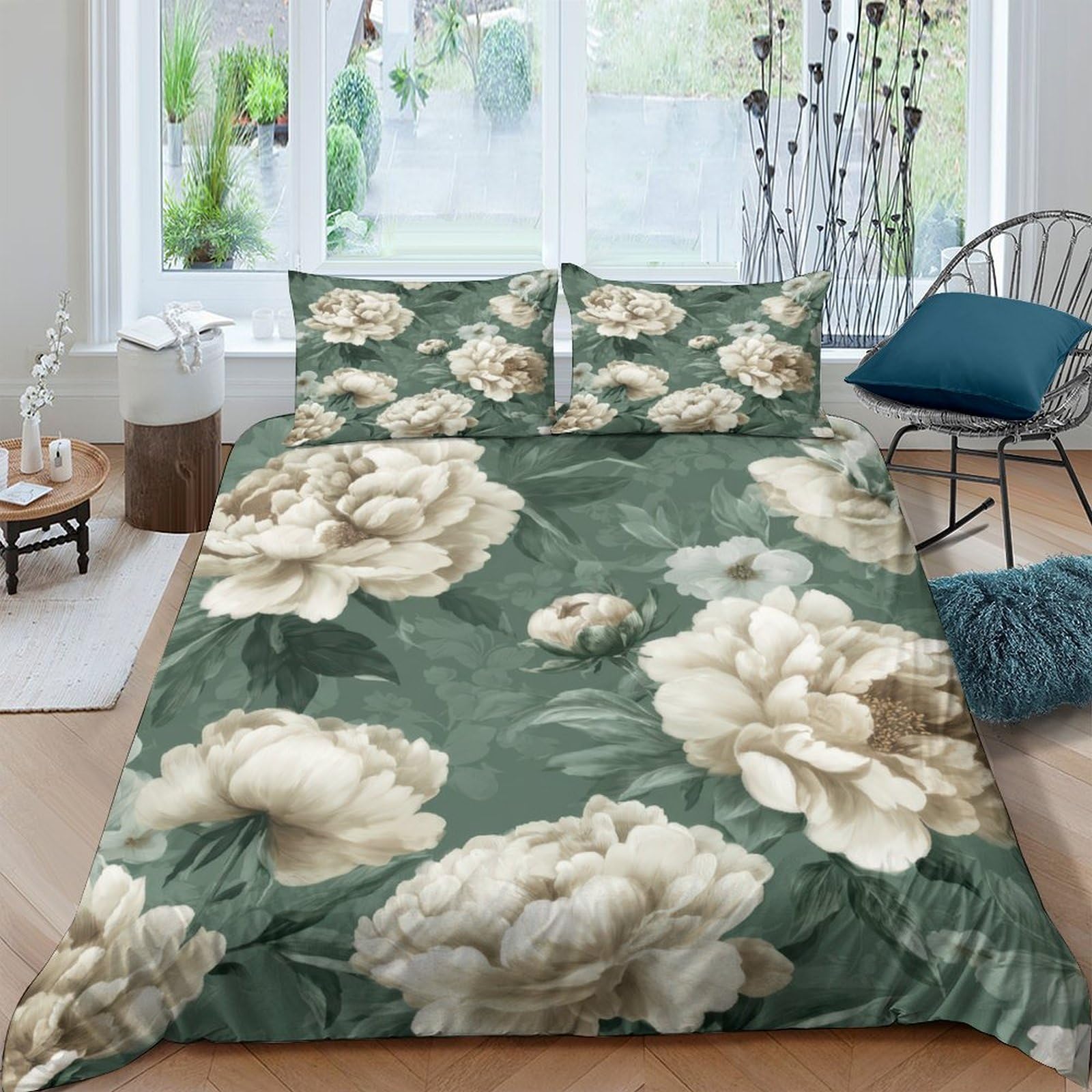 Ctjqhvkz Style-3 3D Printed Vintage Peony Fitted Sheet Microfiber Soft Green Floral Mattress Cover For Bedroom Guest Room Decor Single（135X200cm）