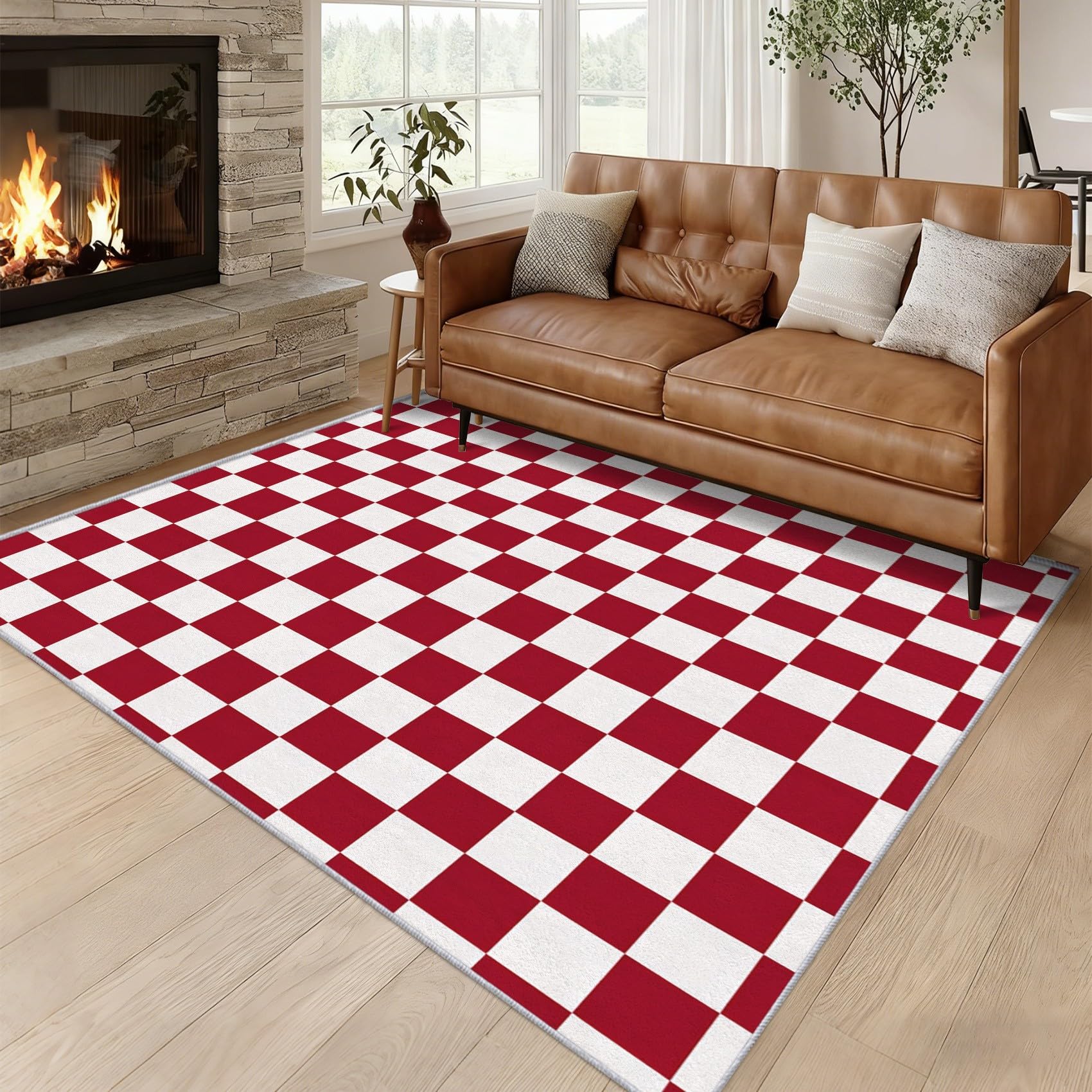 Générique Tapis Entree Interieur Damiers Rouge et Blanc, Petit Tapis Motif Moderne À Carreaux Chambre 60 x 90 cm, Antidérapant Lavable Doux à Poils Ras, Decoration Maison, Rouge Blanc O-fd16
