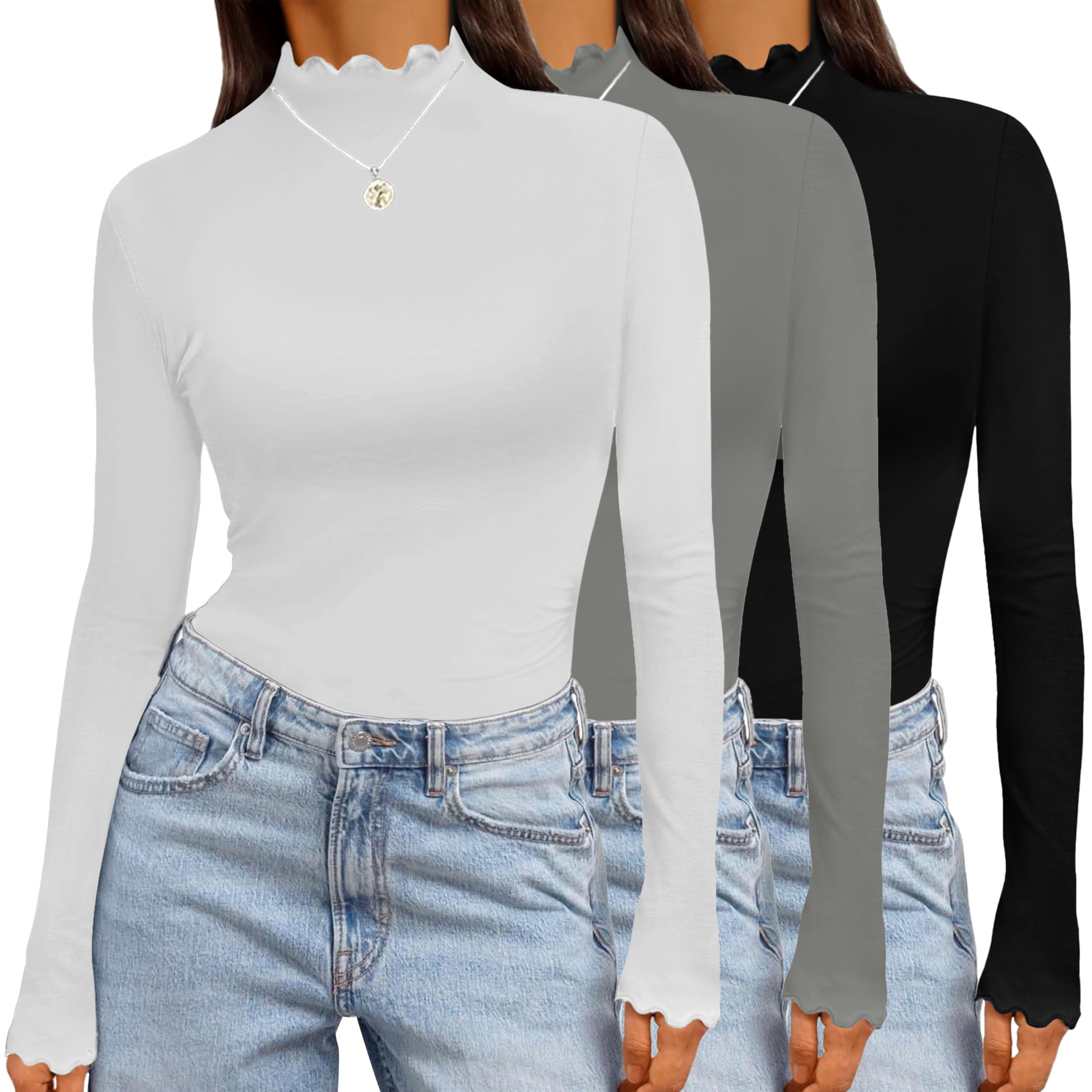 Ekouaer 3 Pack Langarmshirt Damen Unterziehshirt Langarm Stehkragen Basic Tops Slim Fit Oberteil Warm Shirt Winter