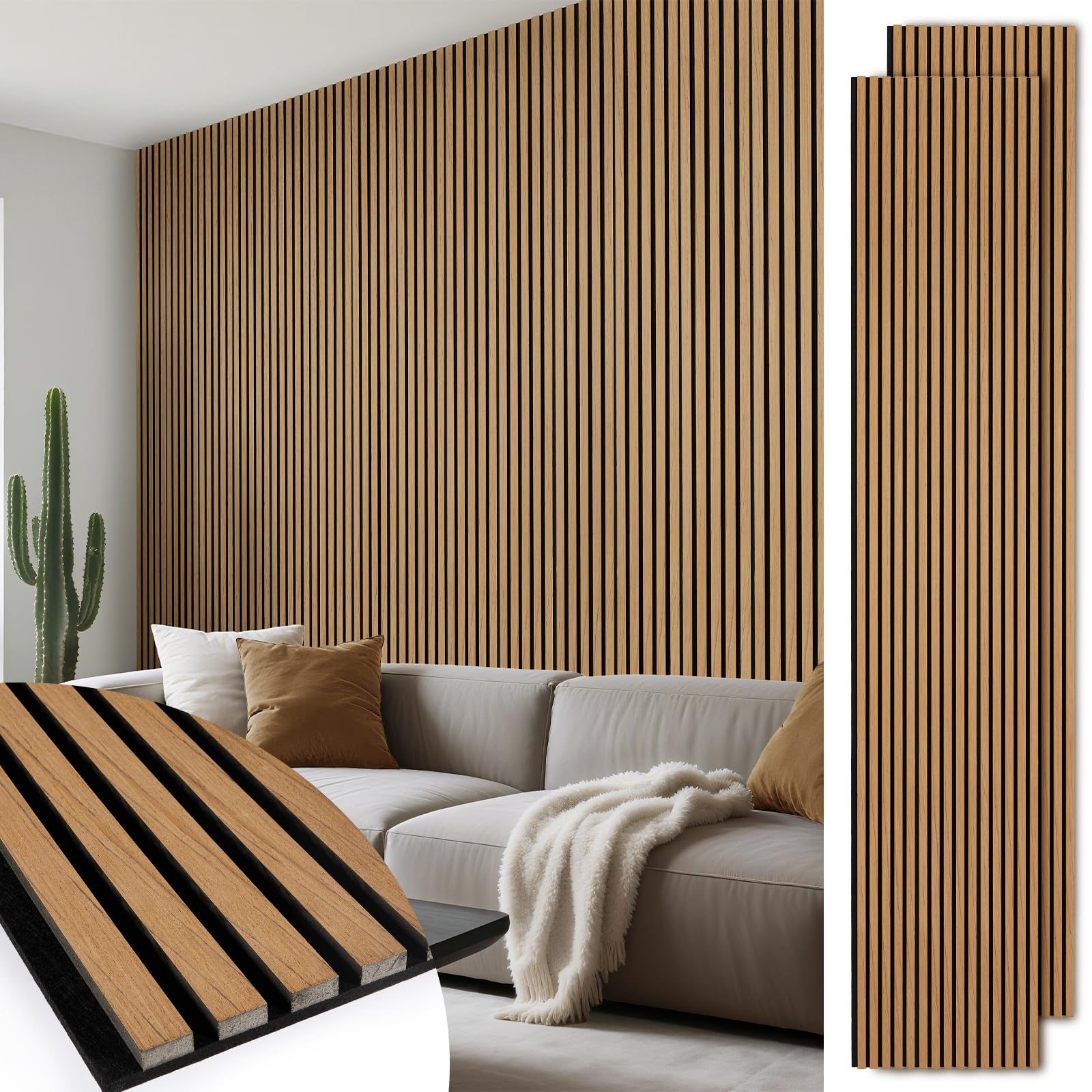 Akustikpaneele Holz 240x60cm, Teak, 4 Stück | Wandpaneele, Mit Holzfurnier & Filz, Für Zuhause & Büro, Für große Wandflächen
