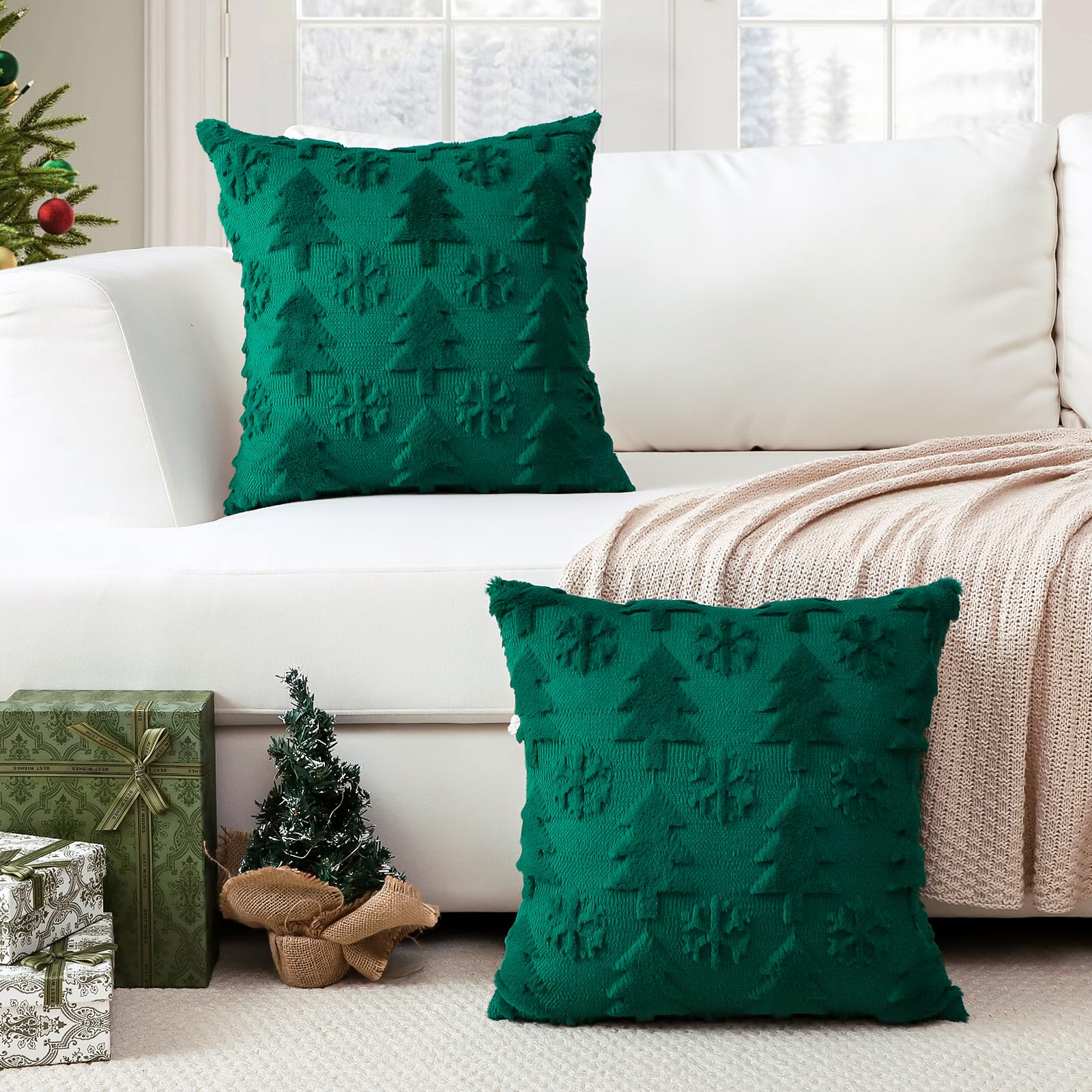 Artscope 2er Set Wolle Kissenbezüge Weicher Plüsch Kurzer Wollsamt Dekokissenbezuge Sofakissen Europäische Kissenhülle für Sofa Schlafzimmer Weihnachtsbaum und Schneeflocke Grün, 70x70cm