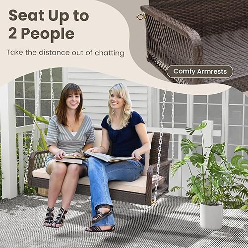 Miniatura 9 de Tangkula Columpio de mimbre para porche al aire libre, capacidad de 800 libras, banco de columpio para exteriores con cadenas colgantes, cojines de