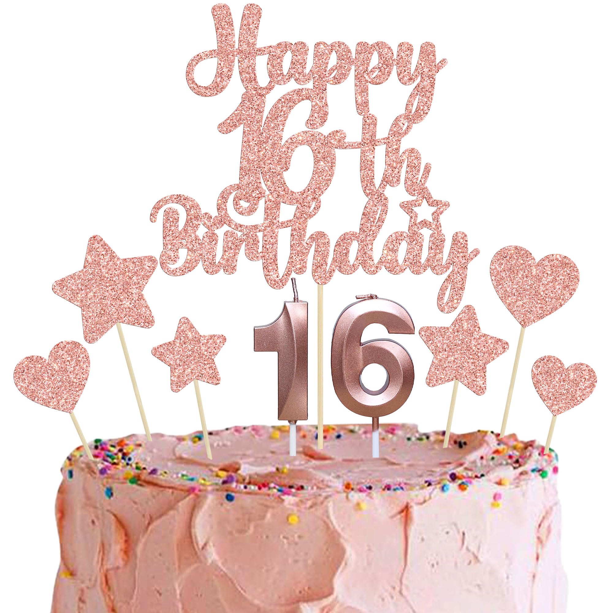 Gyufise 15Pcs Happy 16th Birthday Cake Topper Set with Heart Star Glitter Cheers to 16 Years Cake Picks Number 16 Candles Cake Decorations for Happy 16th Birthday Anniversary Party Supplies Rose Gold