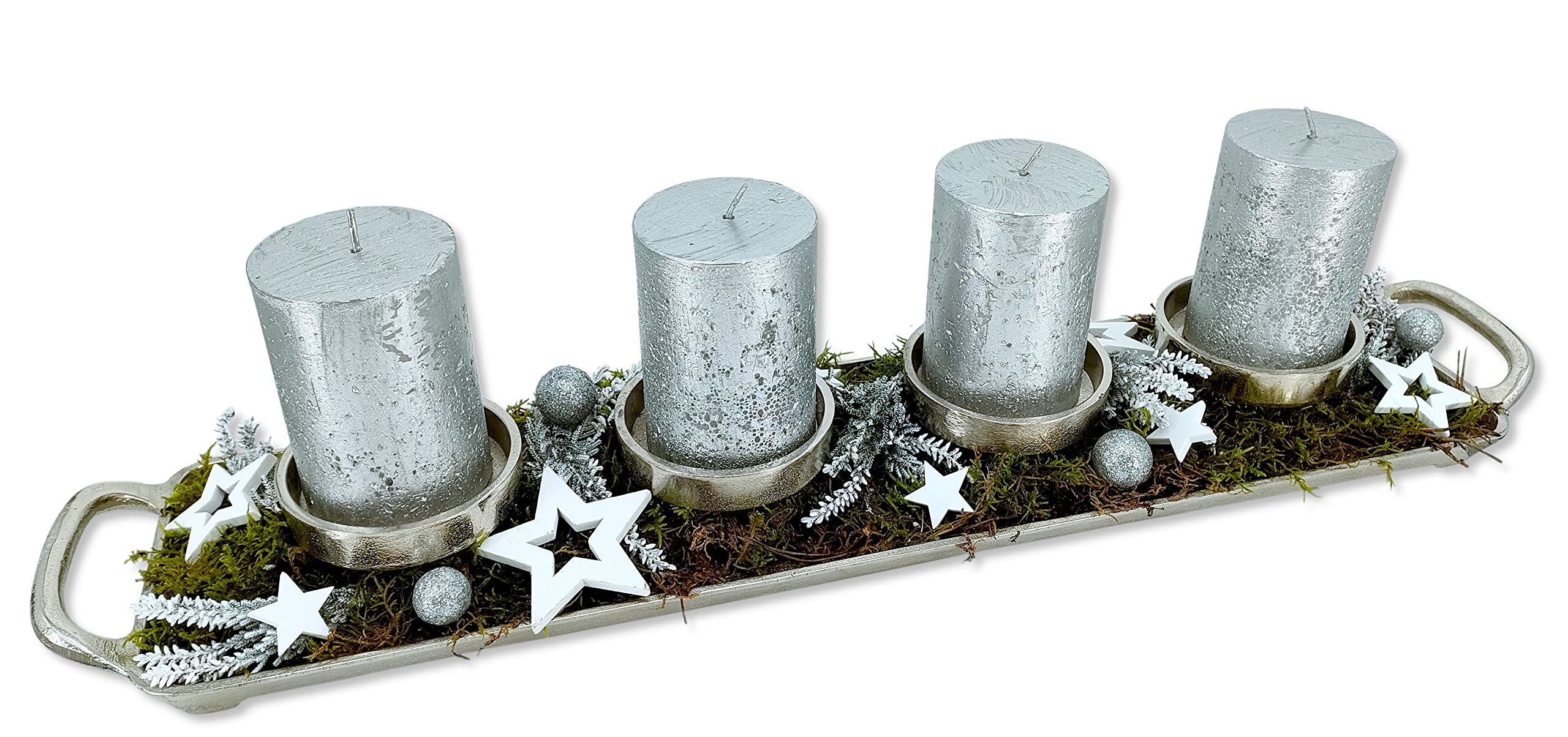 Metall Kerzenhalter Silber 63cm für Vier große Stumpen-Kerzen Tisch-Deko Advent-Kerzenständer