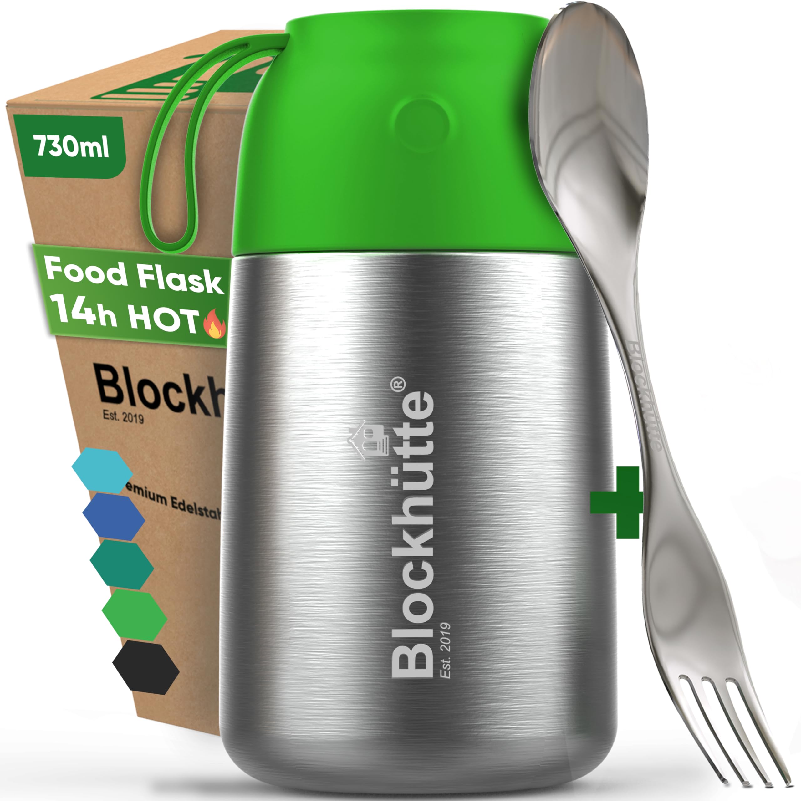 Blockhütte Thermal Lunch Box for Adults 730ml Stainless Steel | Thermal Food Flask with Spork | BPA Free Soup Flask for 14h Hot Meals Dishwasher Safe | for Porridge and Meal Prep – Light Green