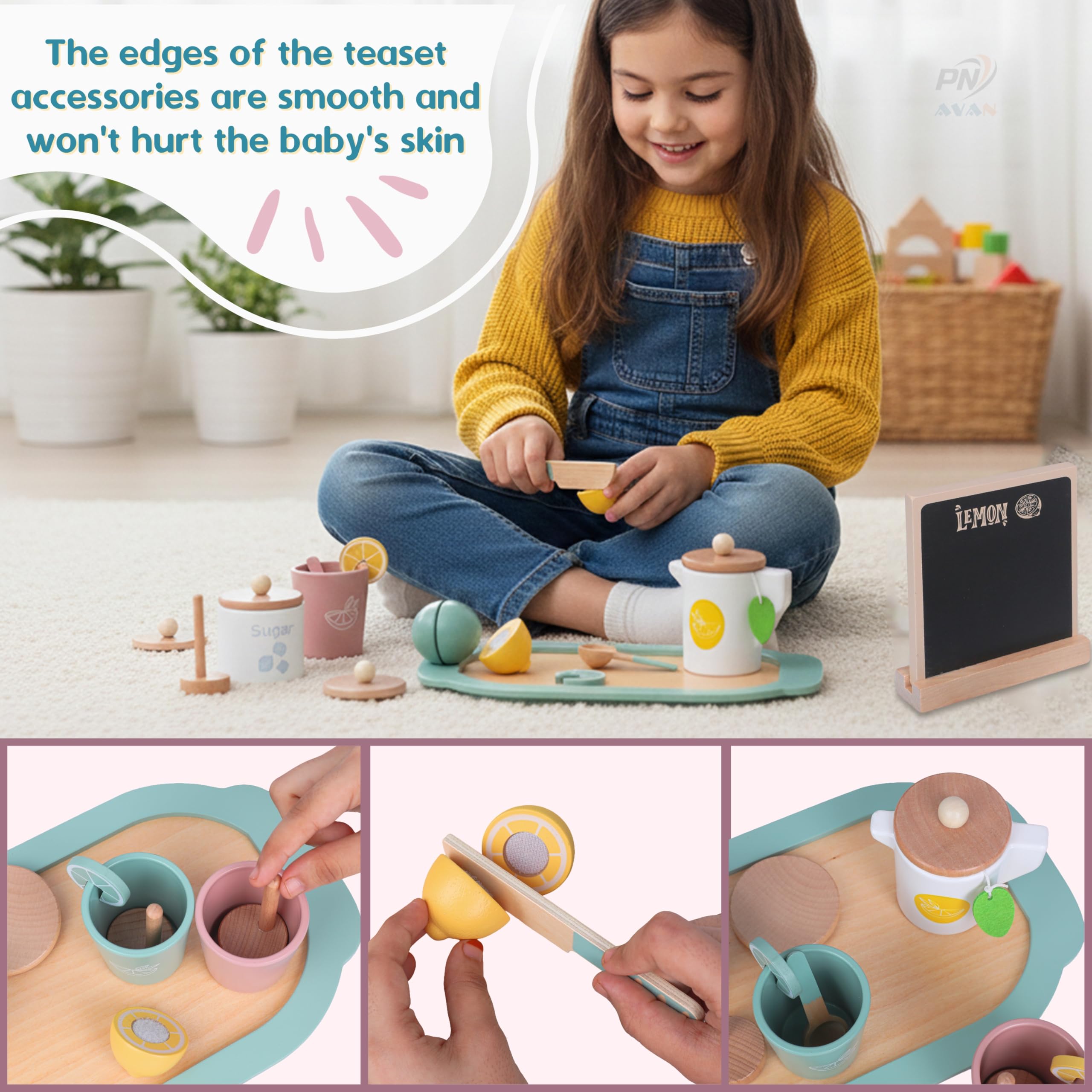 PN AVAN Number Enlightenment Wooden Toy Train for Toddlers - Animal, Transportation, Fruit, Color Recognition Early Education Blocks (Wooden Tea Set) 3