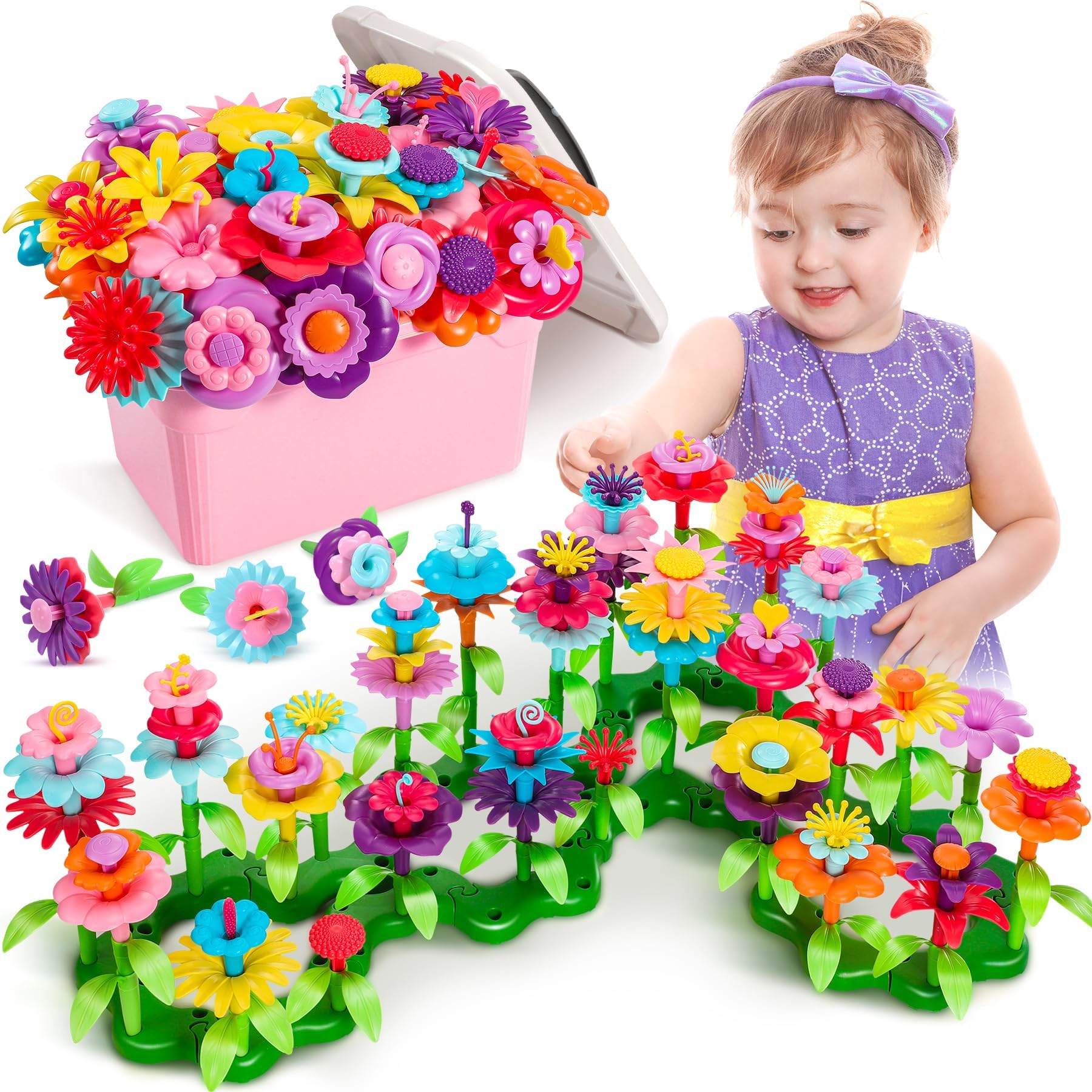 โ Fivejoy Flower Garden Building Toys for 3 Year Old Girls Boys, Easter Gifts for Kids, 134pcs Flower Building Toy - Floral Arrangement Playset With Suitcase,Building Blocks Set Early Christmas Presents