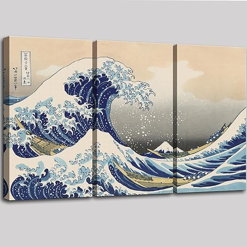 The Great Wave Off Kanagawa (Triptych), Katsushika Hoki - Decoración de arte para pared, pintura clásica, paisaje marino abstracto, lienzo impreso,