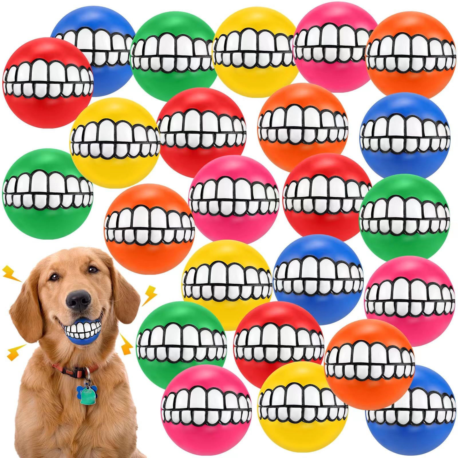 Foilswirl 24 Pcs Small Squeaky Dog Ball Bulk 2.95 Inch Funny Dog Toy Chewing Tennis Ball with Teeth for Large Medium Small Breed Pet Fetch Training Birthday Gift, 6 Colors